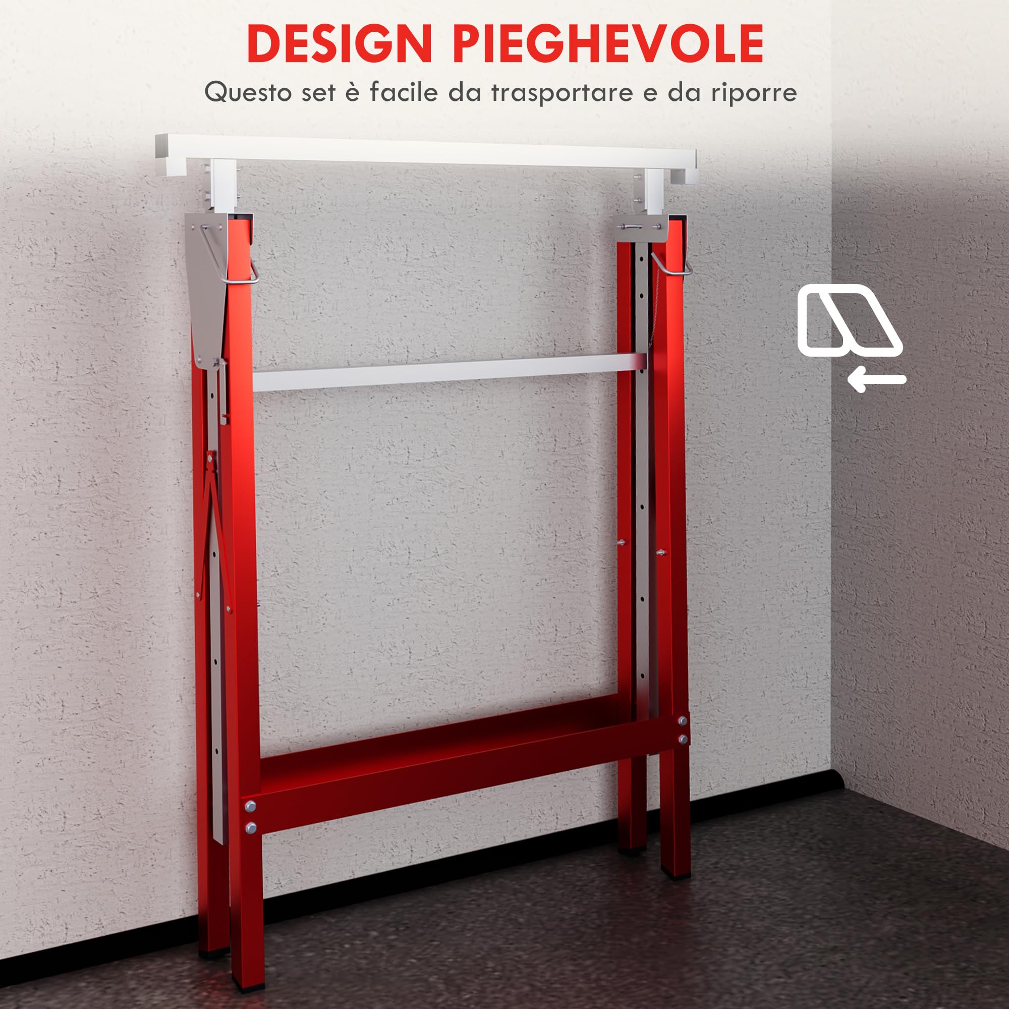 HOMCOM Set 2 Cavalletti da Lavoro Pieghevoli Portata 200 kg, Altezza Regolabili 80-130 cm, Cavalletti Telescopici Salvaspazio in Acciaio per Fai da Te, Garage e Giardino, Rosso e Argento
