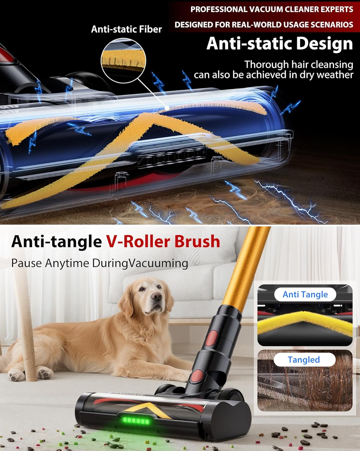 Cordless Vacuum Cleaner, 75Mins/55KPa/650W Self-Standing Stick Vacuum Cleaners for Home, Rechargeable, Lightweight, Anti-Static&Anti-Tangle Brush, for Hard Floor, Carpet, Hardwoods, Pet Hair