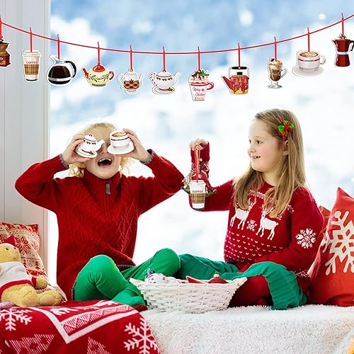 Miniatura 6 de 12 Piezas de Adornos Colgantes de Madera para Tazas de Café y Té de Navidad, Adornos para Árbol de Navidad, Decoración Festiva para el Hogar (Estilo