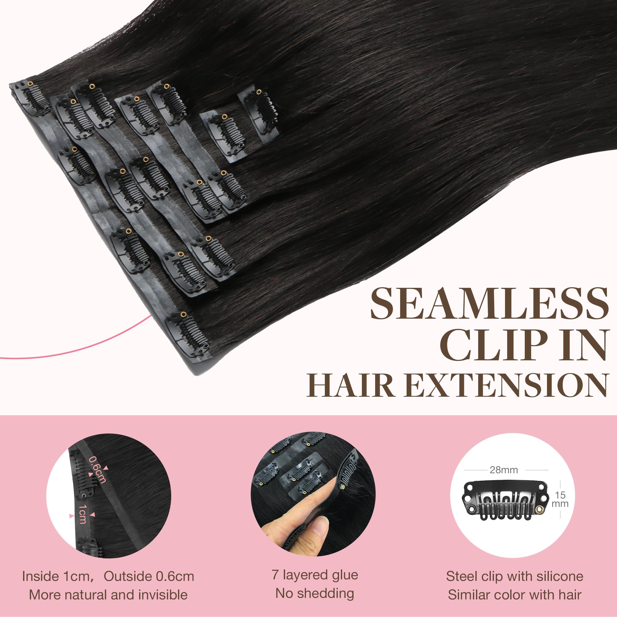 GOO GOO Seamless Clip in Human Hair Extensions, 20inch 110g 7pcs, Hair Extensions Clip in, 1B Black, #1B Black, 20 Inch-110g-7pcs - Image 3