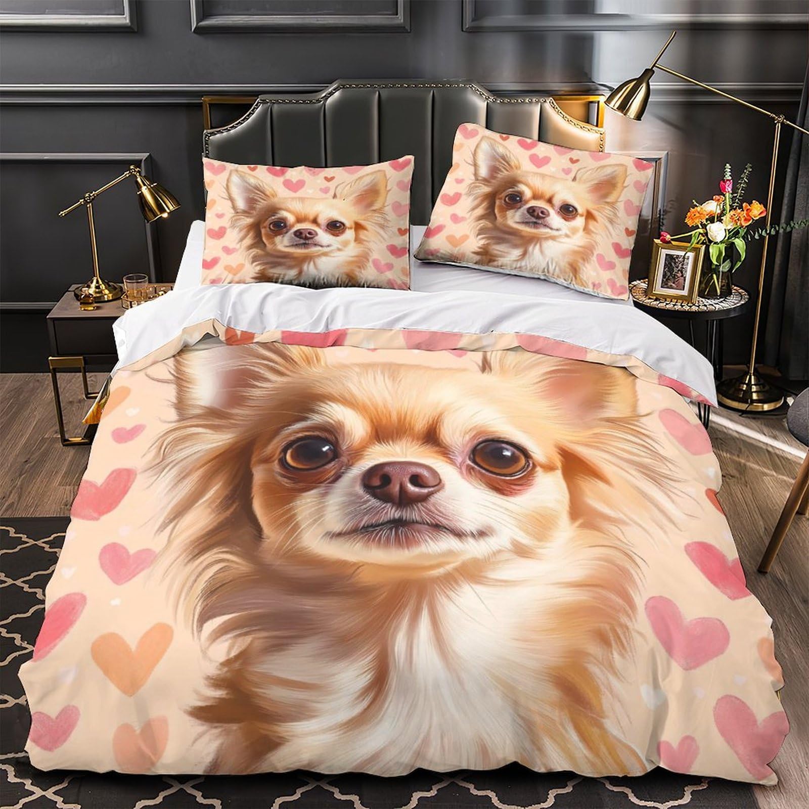 MMDASBVPE Chihuahua Dog Duvet Cover 3D Print Premium 3 Pcs Bed Linen Hidden Zipper cute Cartoon Comforter Cover Luxurious All Season for Kids Adults Women Teens Youth Girls Boys Single（135x200cm）