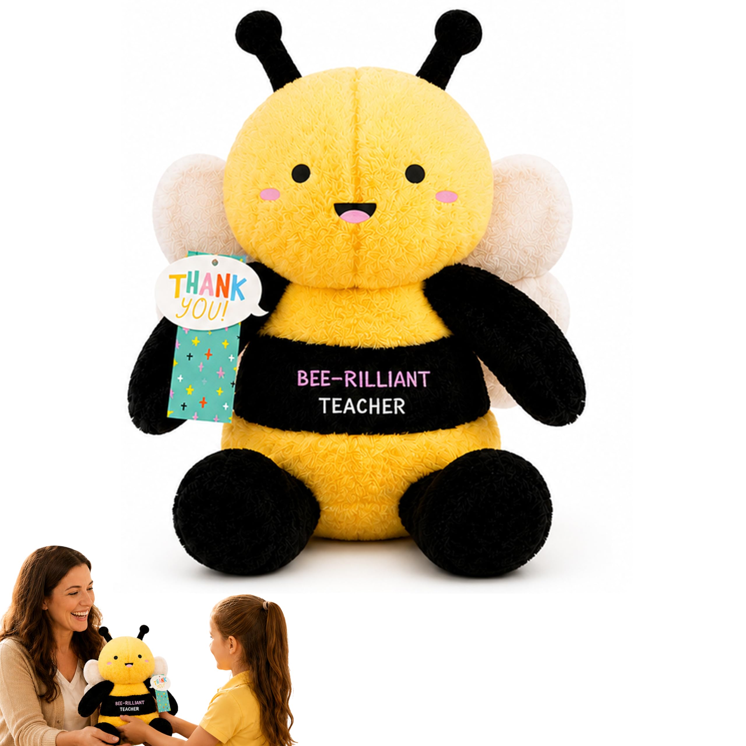 SRV Hub Bee-rilliant Teacher Bumblebee Plush Gift, Soft Stuffed Bee Toy with Embroidered Message, Thank You Teacher Desk Decoration, Polyester Plush Keepsake - 30cm