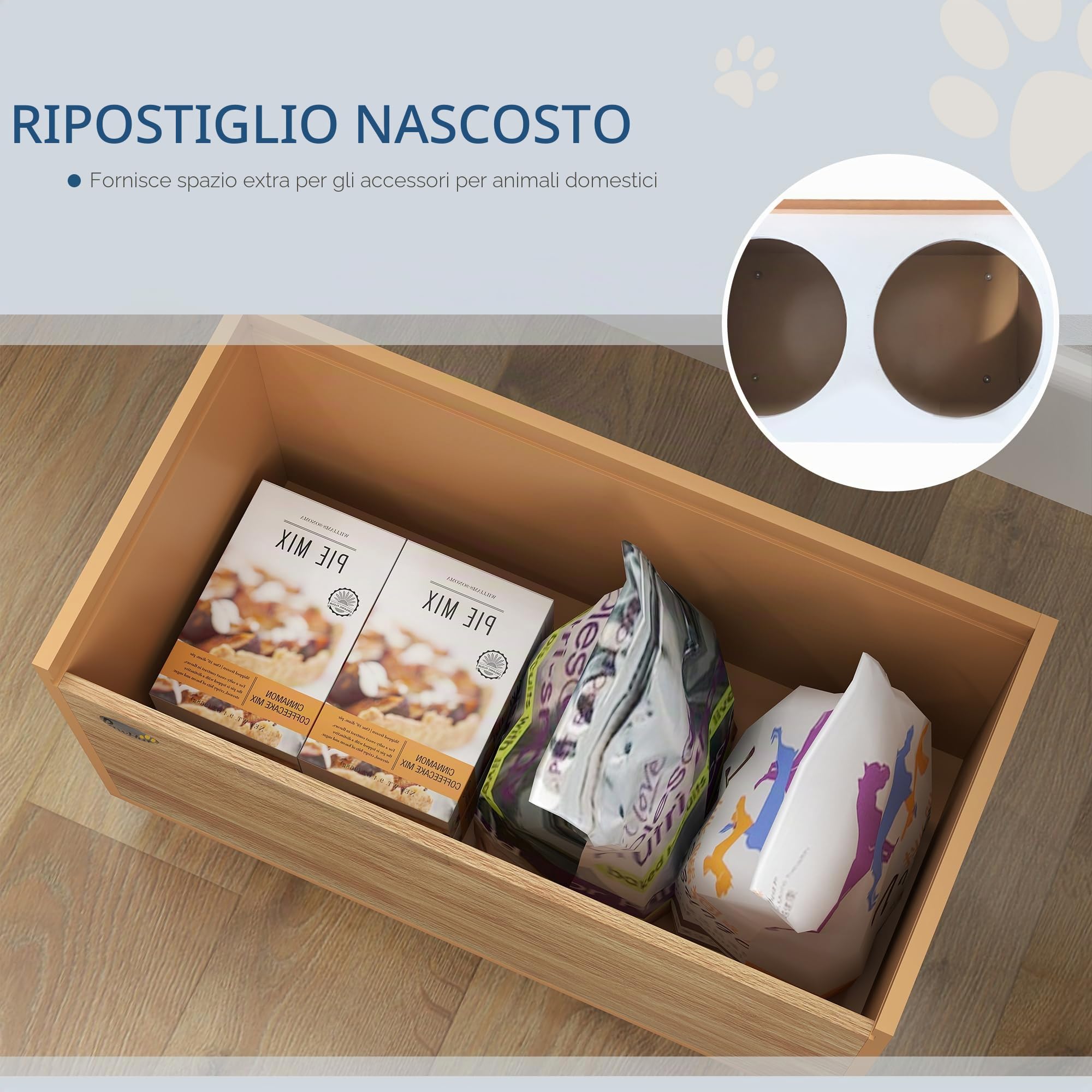 PawHut 14"H Ciotole rialzate per cani Supporto per animali grandi Quercia | Stazione alimentazione animali, ciotola anti-ingozzamento rimovibile, 2 ciotole inox per cibo e acqua, contenitore