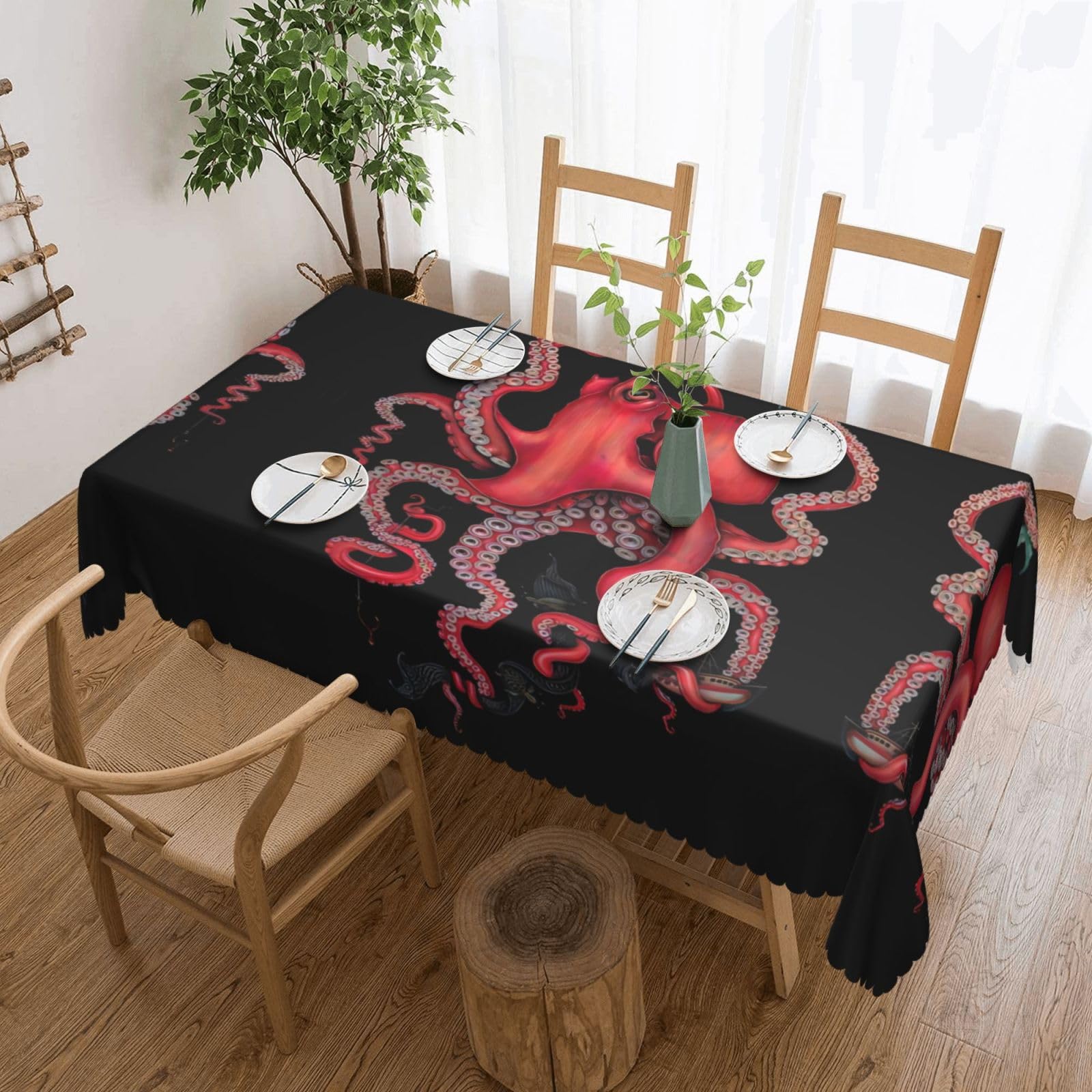 QAZWZML Octopus Intertwined Printed tablecloth, made of thick polyester with lace trim, suitable for dining rooms, picnics, and weddings