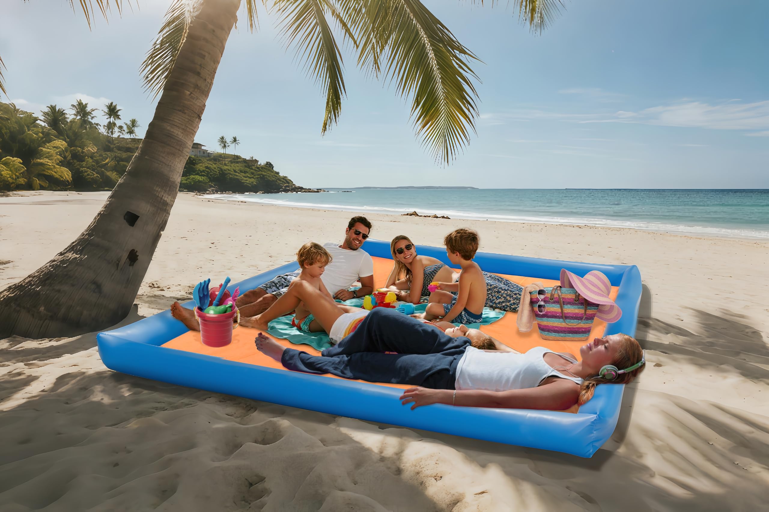 Stuoia Spiaggia, 200 X 210 cm con Telo Spiaggia Antisabbia, Impermeabile Telo Mare Grande con Cuscini Gonfiabili 15 cm, Stuoia Mare si Trasforma in Tendina, Stuoia Campeggio, Coperta Picnic