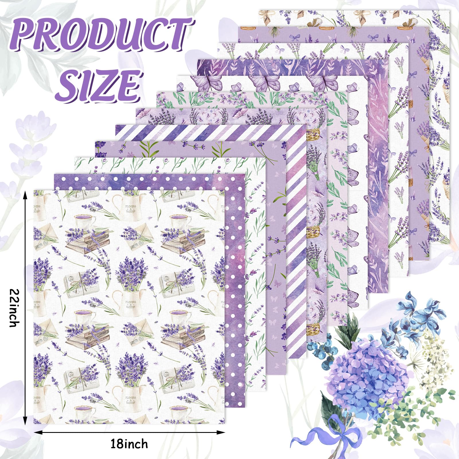 JarThenaAMCS Baumwollstoffbündel mit Lavendelmuster, 55,7 x 55,9 cm, Lila / Weiß, Blume, Schmetterling, Quilten, Patchwork für Frühling, DIY, Nähen, Basteln, Dekoration, 12 Stück