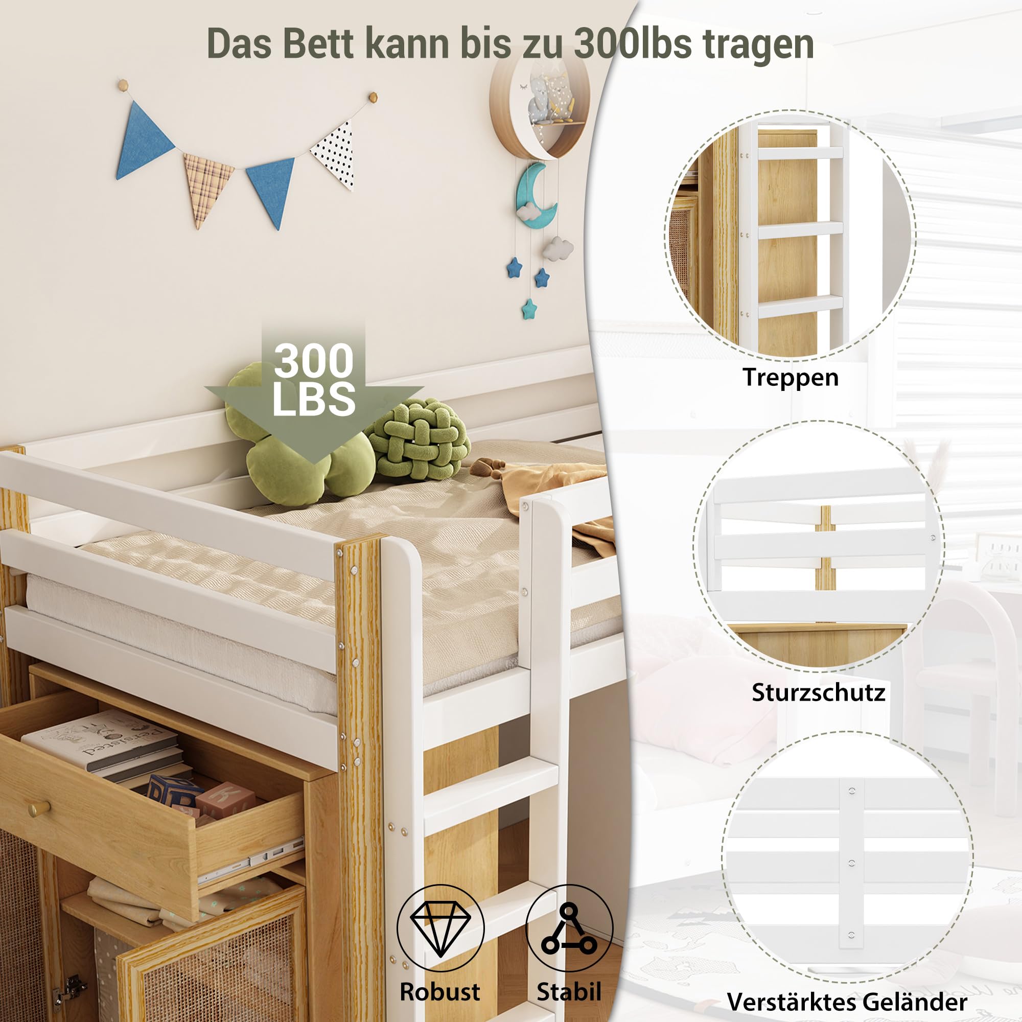 Kinderbett Hochbett 90x200, mit 2 Aufbewahrungsschrank und Leiter, Platzsparendes Kinder Etagenbett Jugendbett Holzbett Bettrahmen mit Rausfallschutz und Lattenrost, stabiles Massivholz, Natur&Weiß