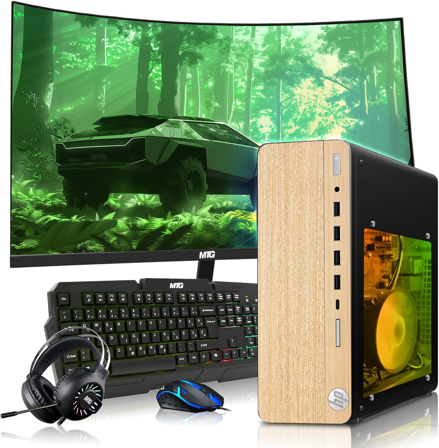 HP Full Light Gaming PC Desktop Computer – AMD Pro A10-9700,RX 550 Graphics,16GB RAM,1TB SSD,32 Inch Curved Monitor,RGB Keyboard with AI Copilot,Mouse,WiFi,RGB Headphone,Windows 11(Renewed)