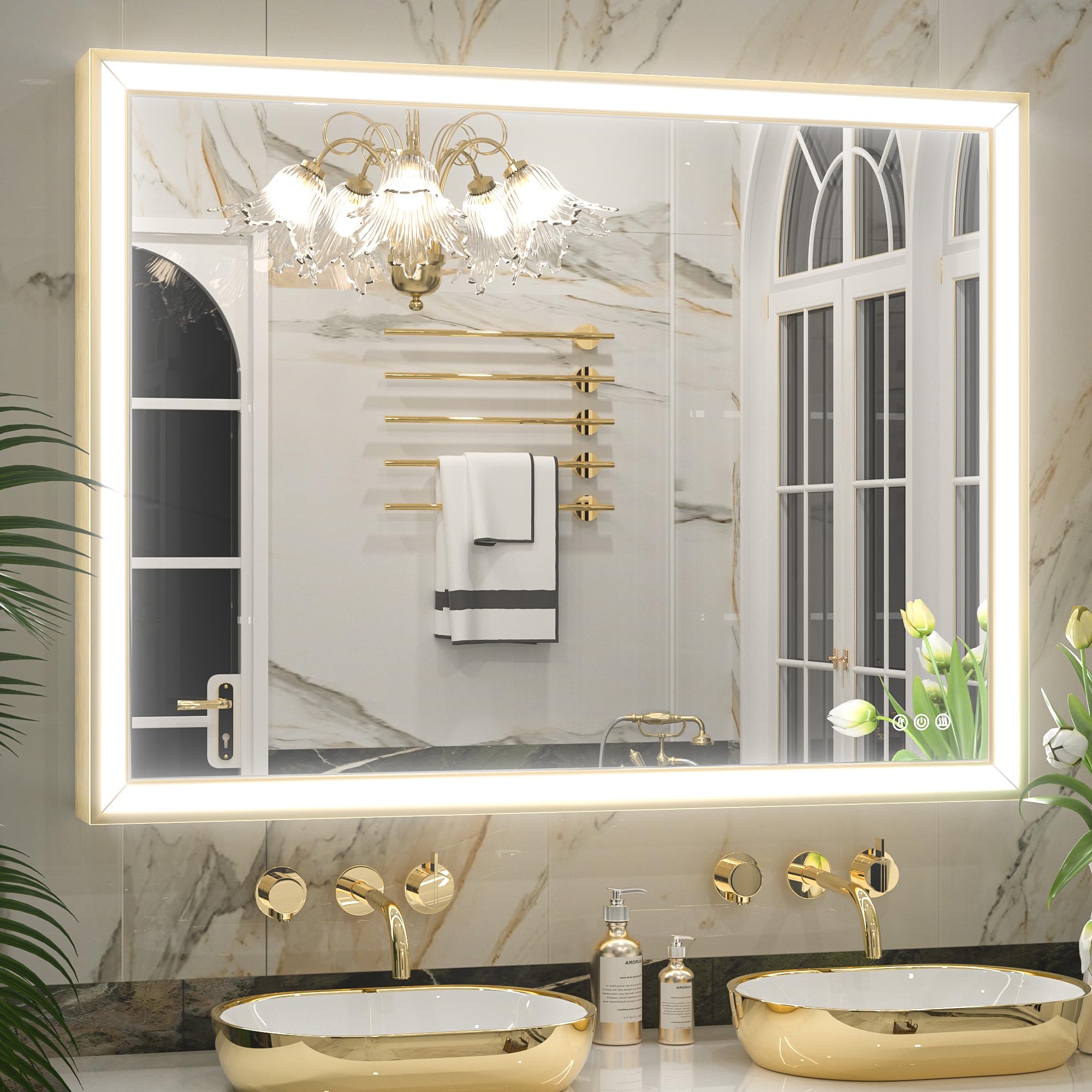 Keonjinn Gold LED Bathroom Mirror 40” x 30” with Frontlit, 45° Angled