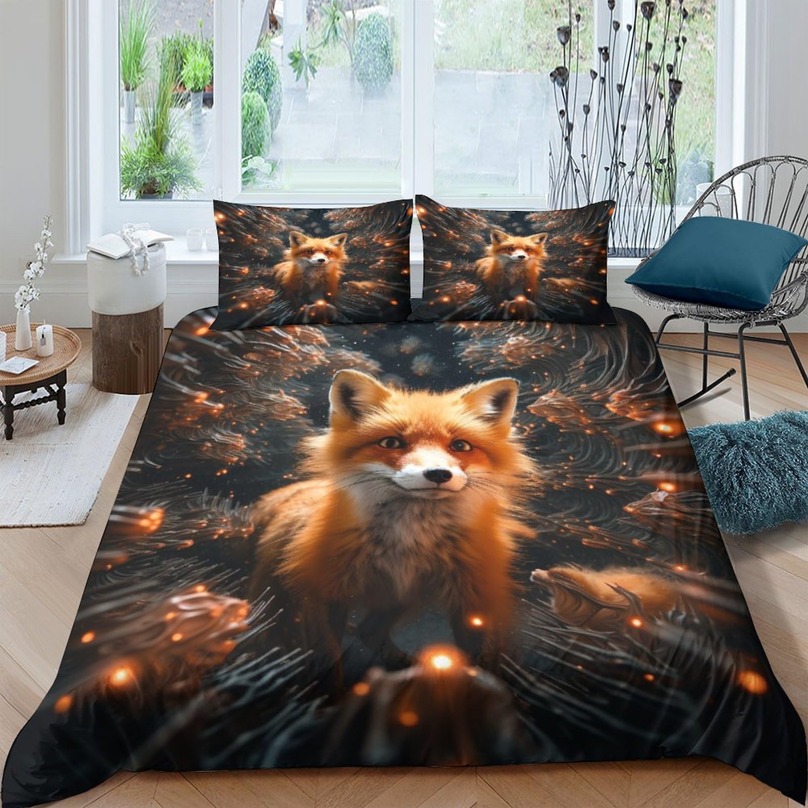 Parure housse de couette renard 3D 220x240 pour lit King avec fermeture éclair et taies d'oreiller