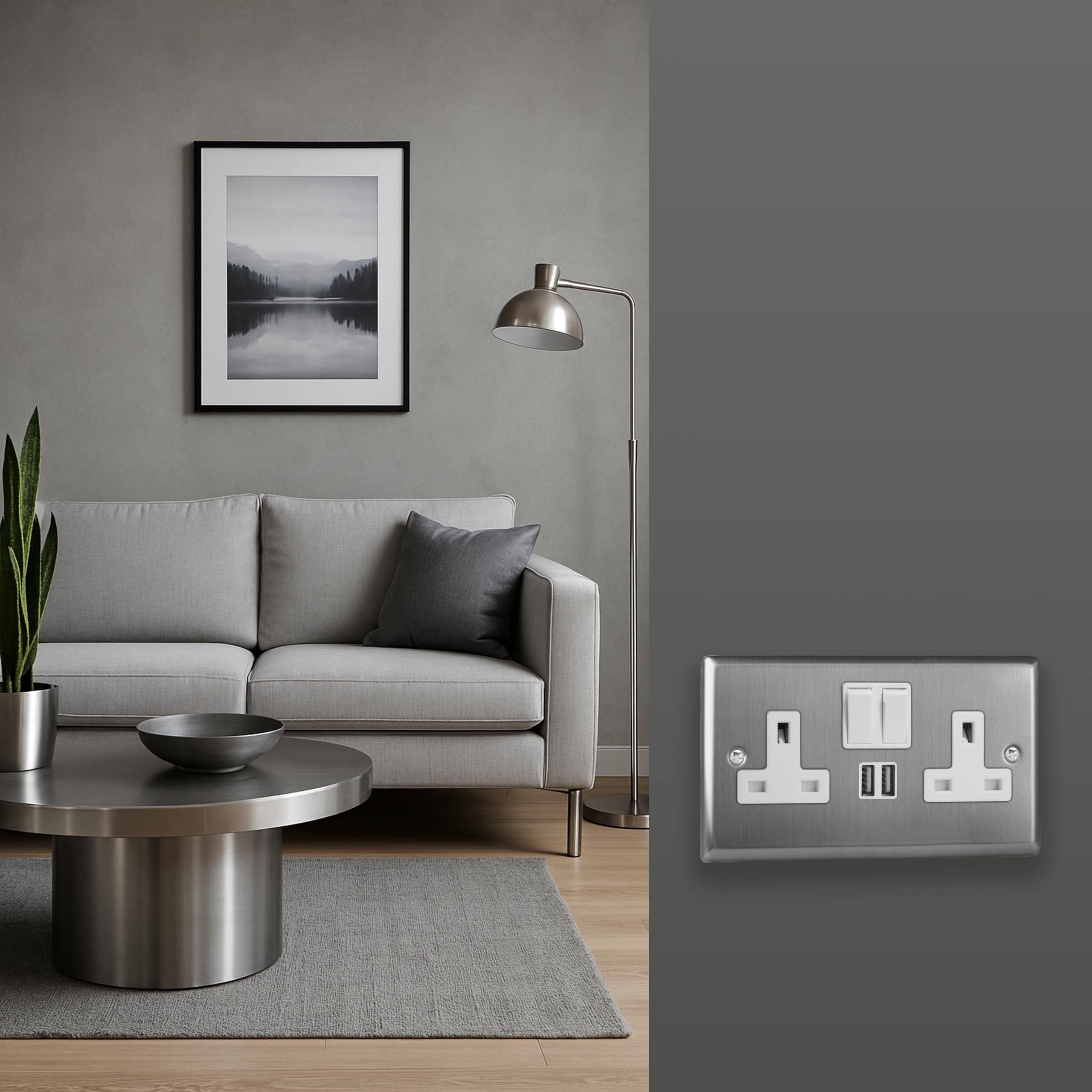 Varilight Double Switched Socket with USB Charging - Classic Brushed Steel with White Insert, 91x150x31mm - Image 2