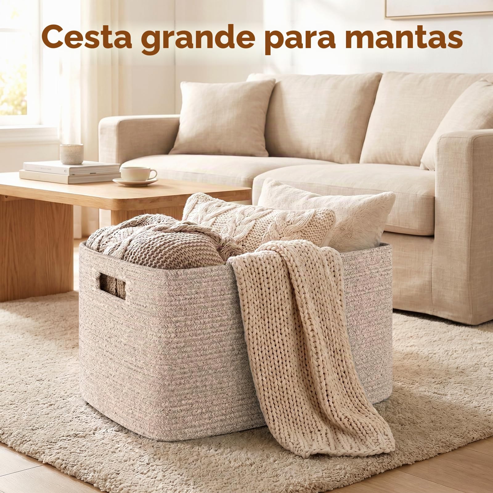 OIAHOMY Cesta grande con asa para almacenamiento de mantas, tejida con cuerda de algodón, 75 litros, 55,88 x 43,18 x 30,48 cm, para sala de estar, para juguetes, habitación infantil, marrón veteado
