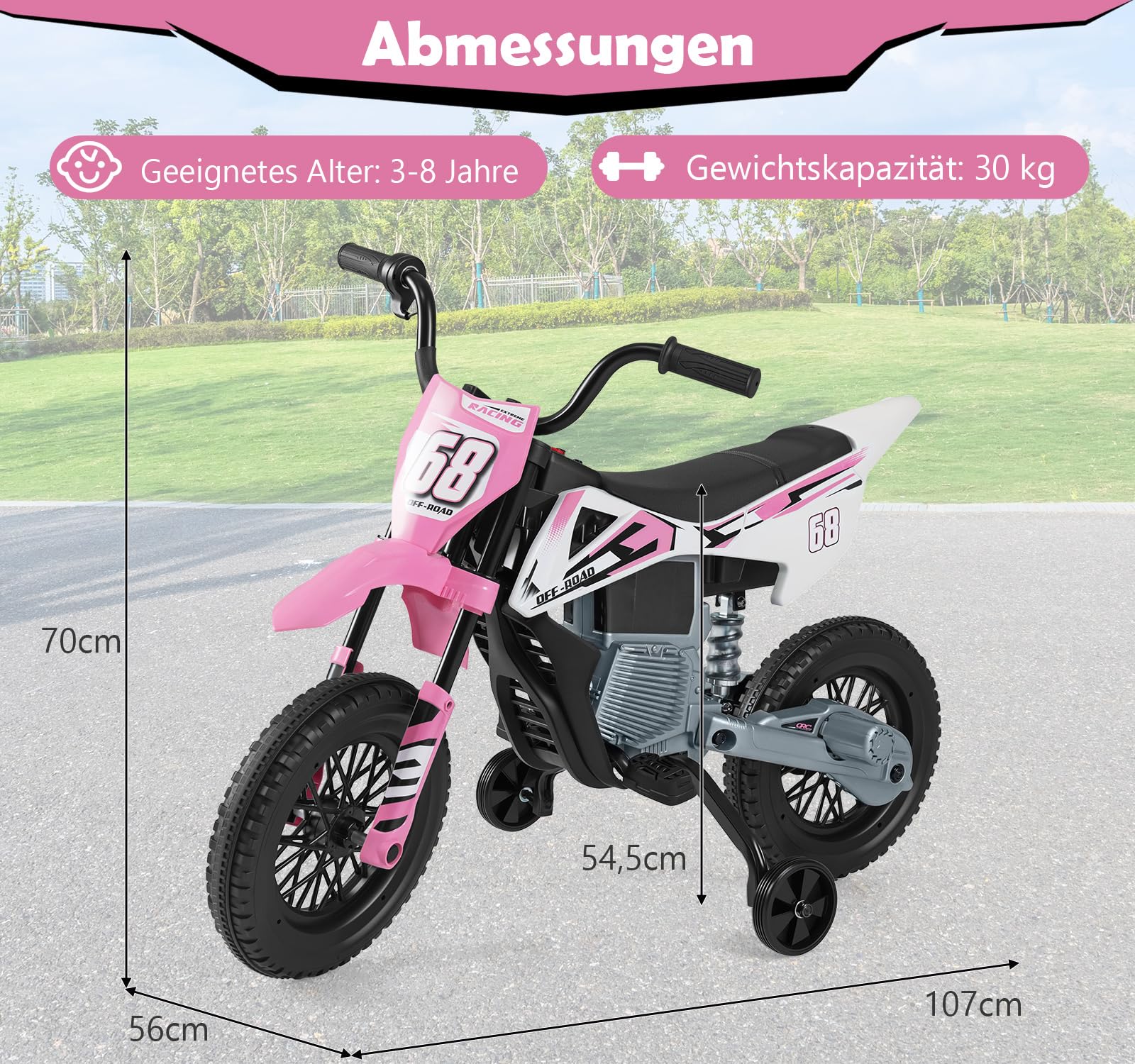 GOPLUS Kinder Motorrad 12V, Kindermotorrad elektrisch mit 2 Stützrädern abnehmbar, Elektromotorrad mit Fußpedalen, Musik & Bluetooth, Motorrad Eletro 3-5 km/h für Kinder 3-8 Jahren (Rosa)
