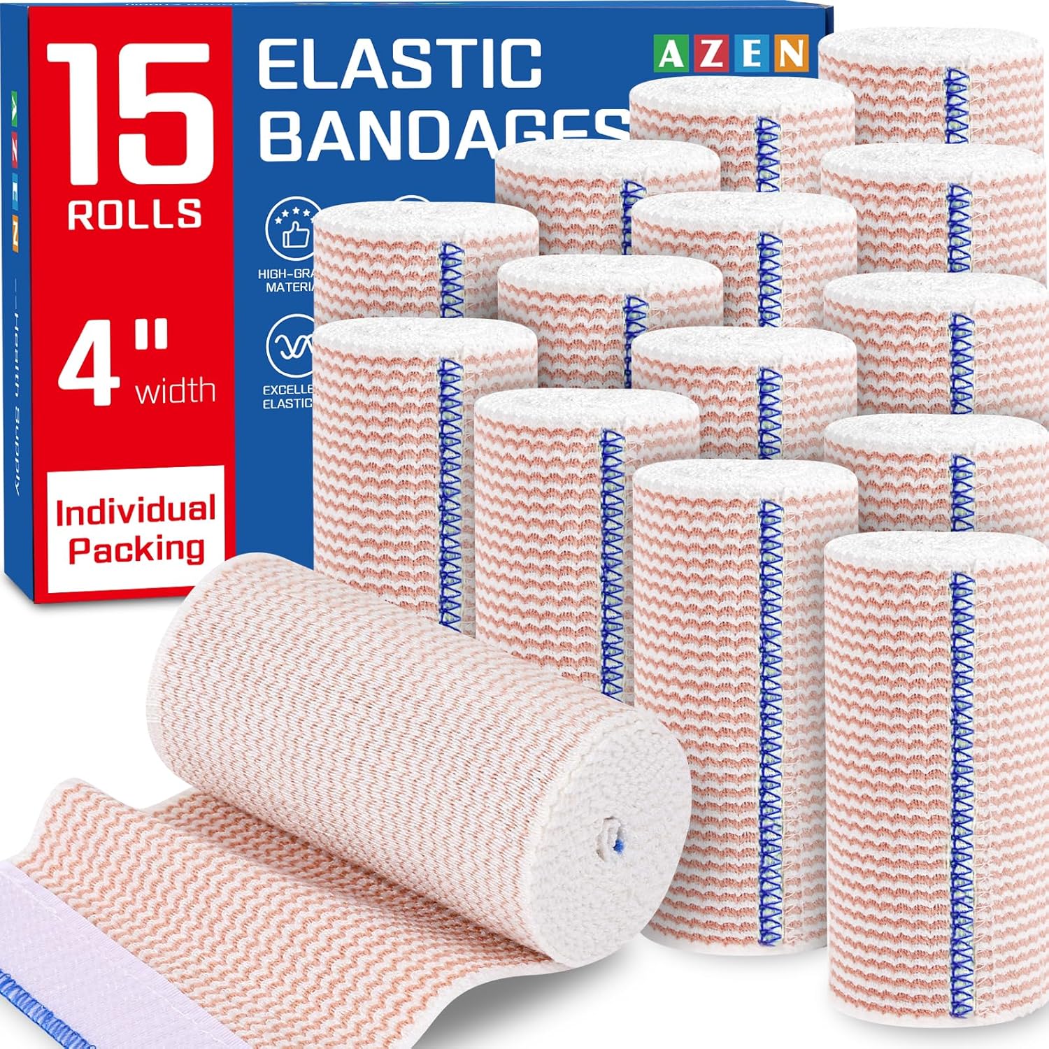 AZEN Premium 15 Pack Elastic Bandage Wrap 4 Inch, Compression Wrap Bandage for Legs, Lymphedema Wraps for Legs, Ankle, Knee, Tummy, Body, Latex-Free D-15p