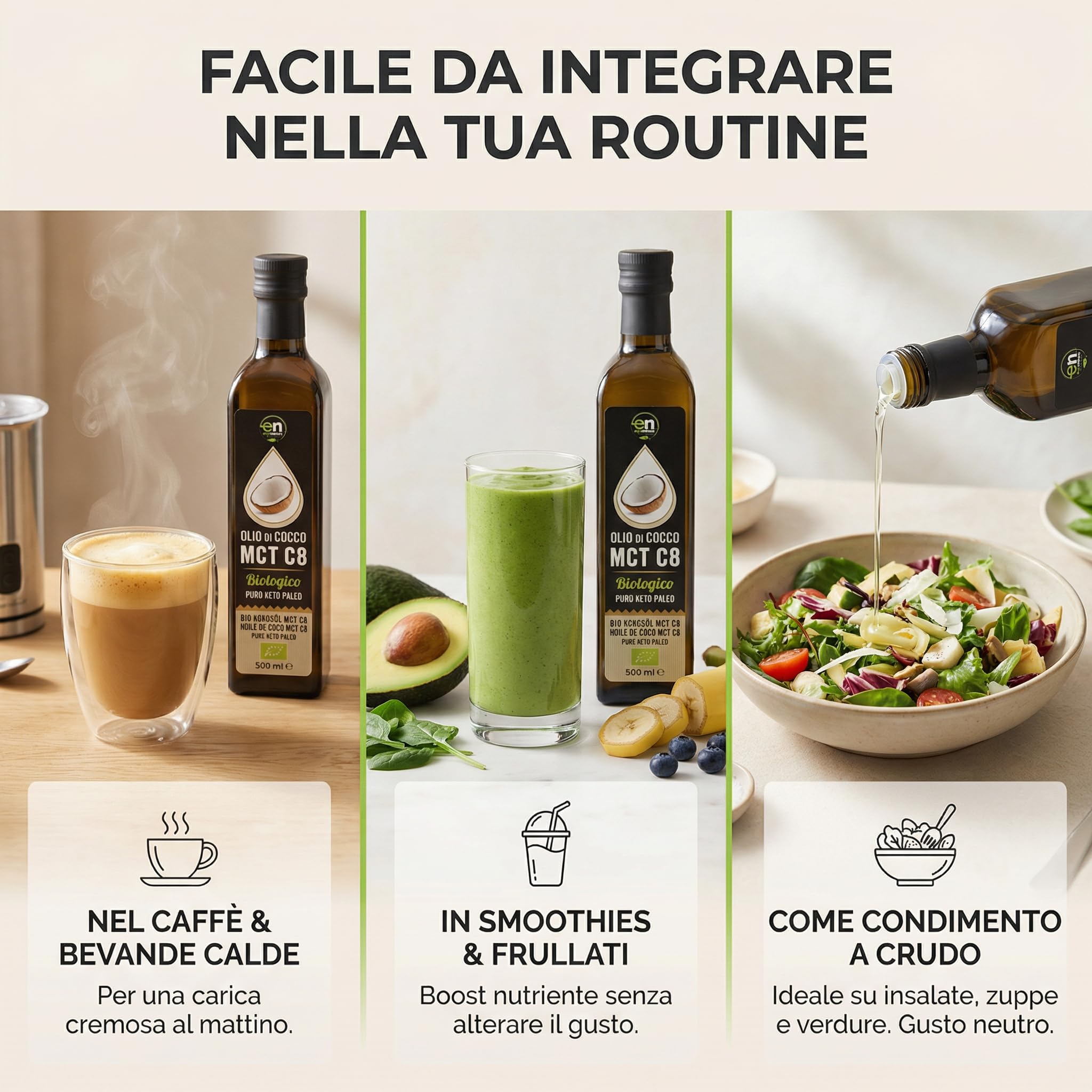 Exponatura Aceite MCT C8 Orgánico 500 ml - 100% Extracto de Aceite de Coco, Ácido Caprílico Puro - Energía Natural para Dieta Keto y Paleo - Vegano
