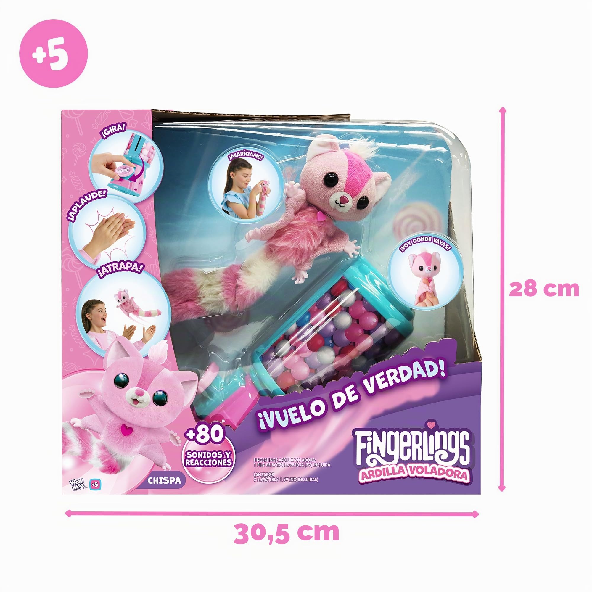 Bizak Fingerling 61853147 Écureuil Volant + 75 Sons et réactions, interagit et Vole vers Vous, + 1 mètre de Distance, Lanceur avec Sons et Musique, + 5 Ans