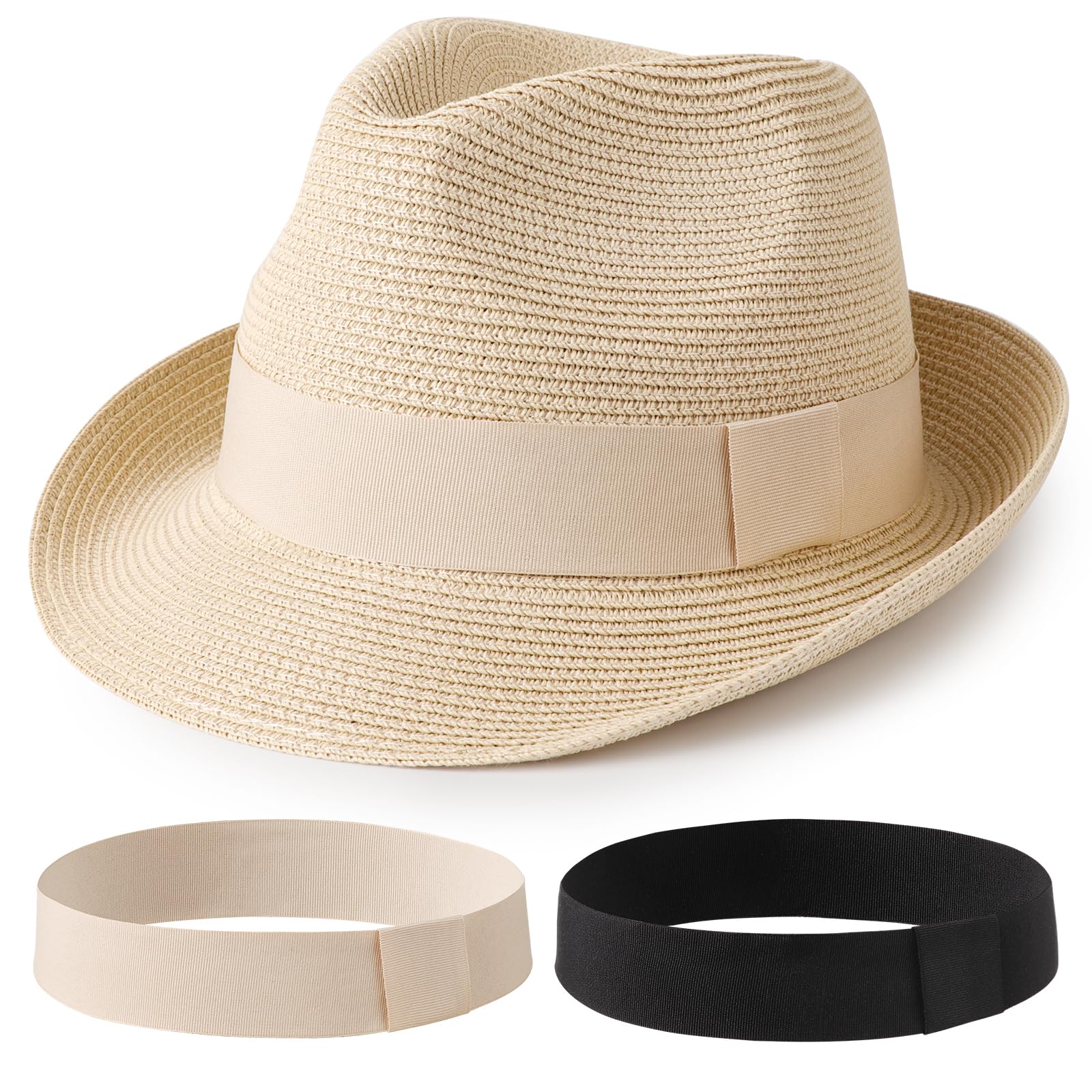 DRESHOW Women Straw Panama Hat Fedora Beach Sun Hat Short Brim Roll up Hat UPF 50+