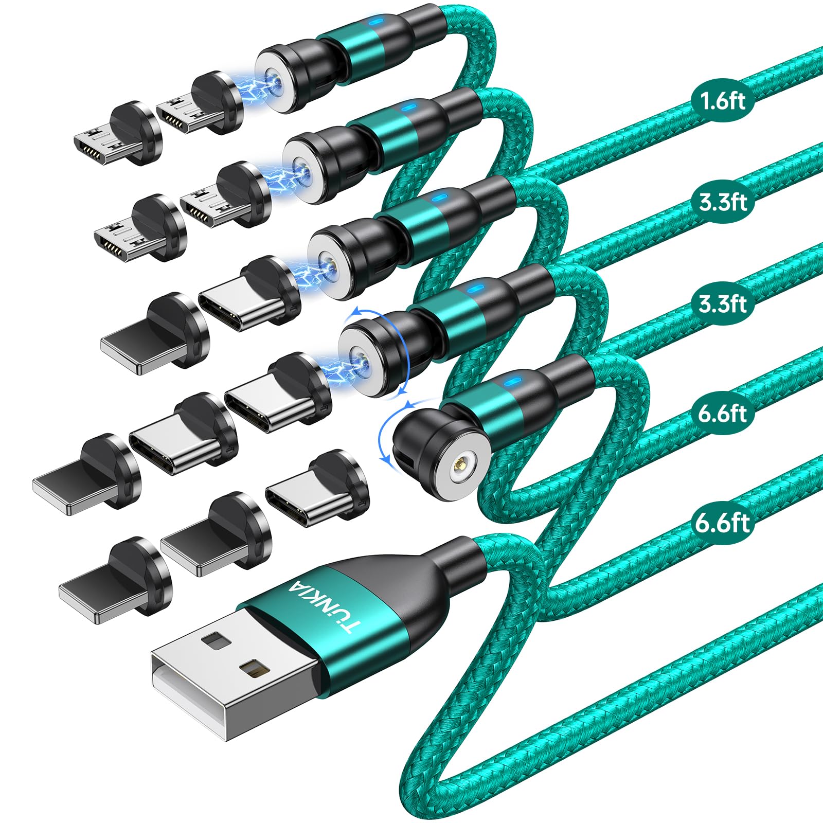 Magnetic Charging Cable (4Pack, 3.3ft/3.3ft/6.6ft/6.6ft)/360°&180° Rotating Magnetic USB C Charging Cable with LED/Magnetic Charger Cable/Magnetic Phone Charger Cord-Nylon Braided for More Devices