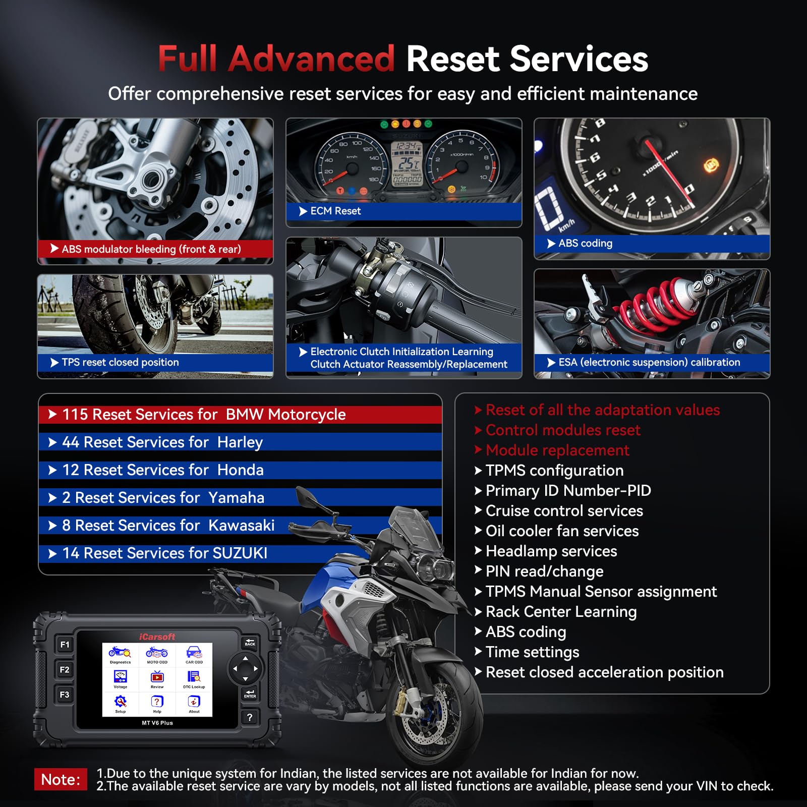 iCarsoft MT V6 Plus Motorrad-Diagnosegerät für Harley/BMW/Kawasaki/Indianer usw., 21 Marken, Motorrad-Vollsystem, alle Wartungs-Reset, Betätigungstest, Moto-Codeleser + Auto-OBD2-Diagnose, 2-in-1