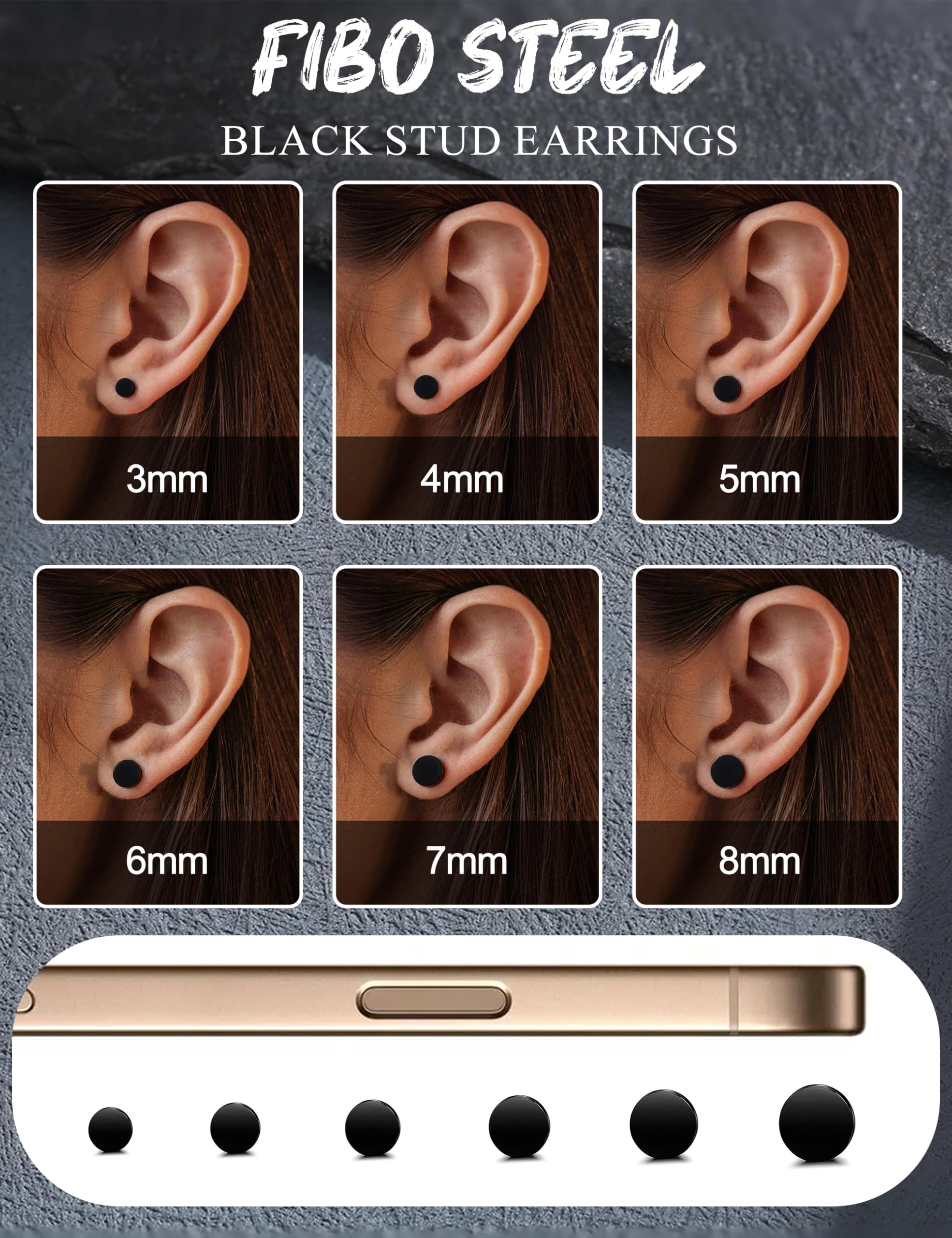 FIBO STEEL 6 Pairs Stainless Steel Black Stud Earrings for Men Women Faux Gauges Ear Tunnel Fake Gauge Earrings 3-8mm