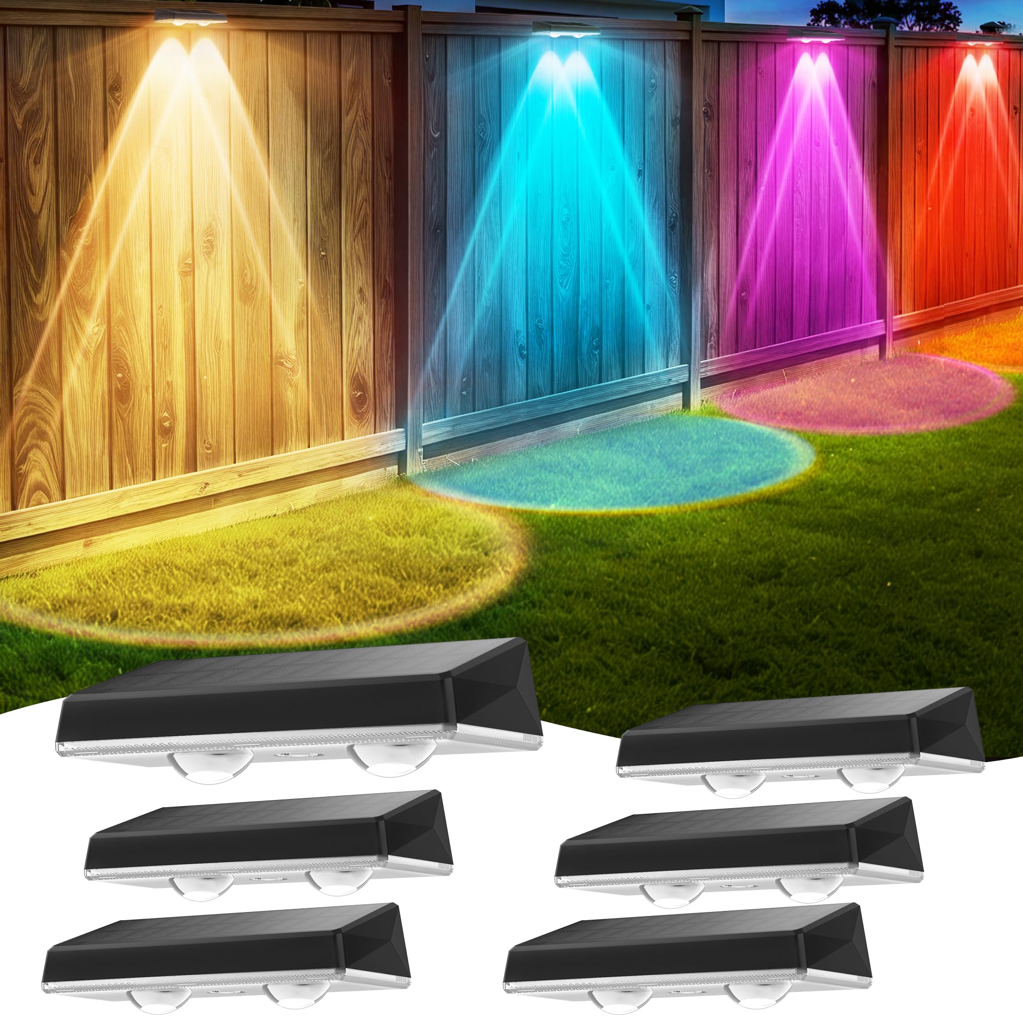 Aplique Pared Exterior Solar 7 Colores | Pack 6 Luces Solares Impermeables con RGB y Luz Automática para Jardín, Terraza o Balcón