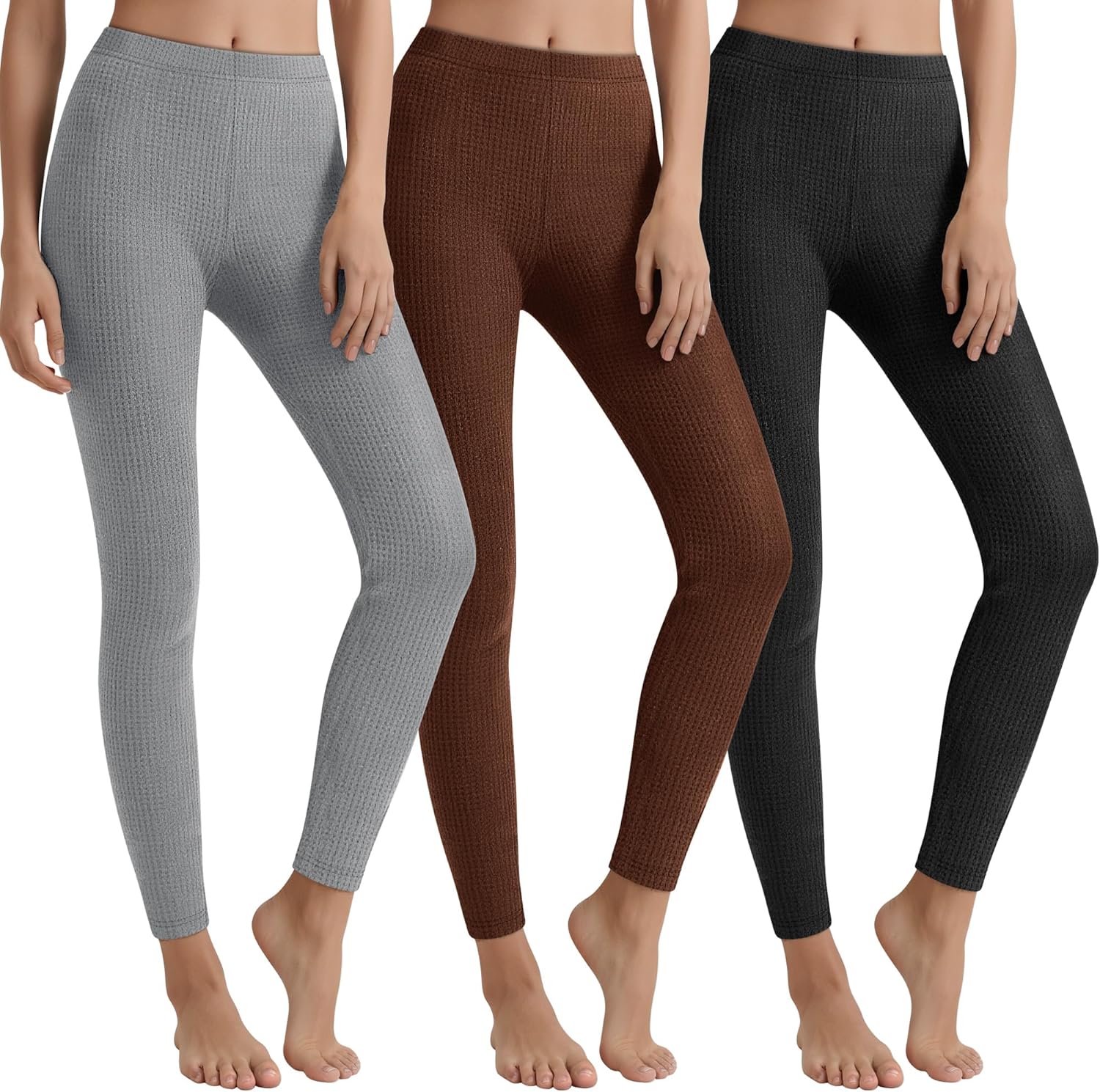 3 Pack Women's Waffle Thermal Bottom Warm Lightweight Underwear Pants Tights Stretchy Base Layer Legging