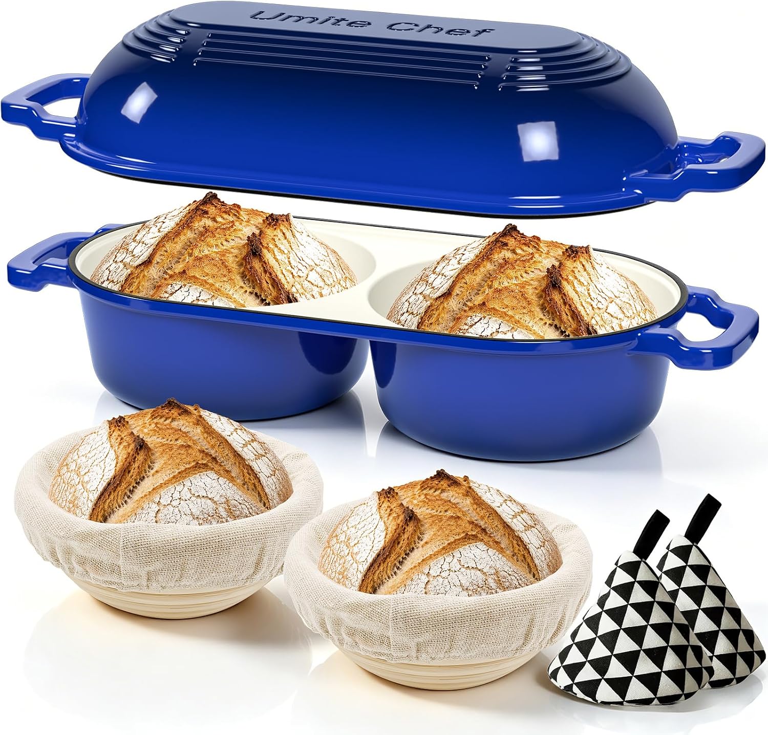 Umite Chef Mini Double Dutch Oven for Sourdough Bread Baking - Enameled Cast Iron Dutch Oven Pot with Lid and 5" Banneton Bread Proofing Basket Kit, Dual Round Bread Loaf Pan for Bread Baking (Blue)