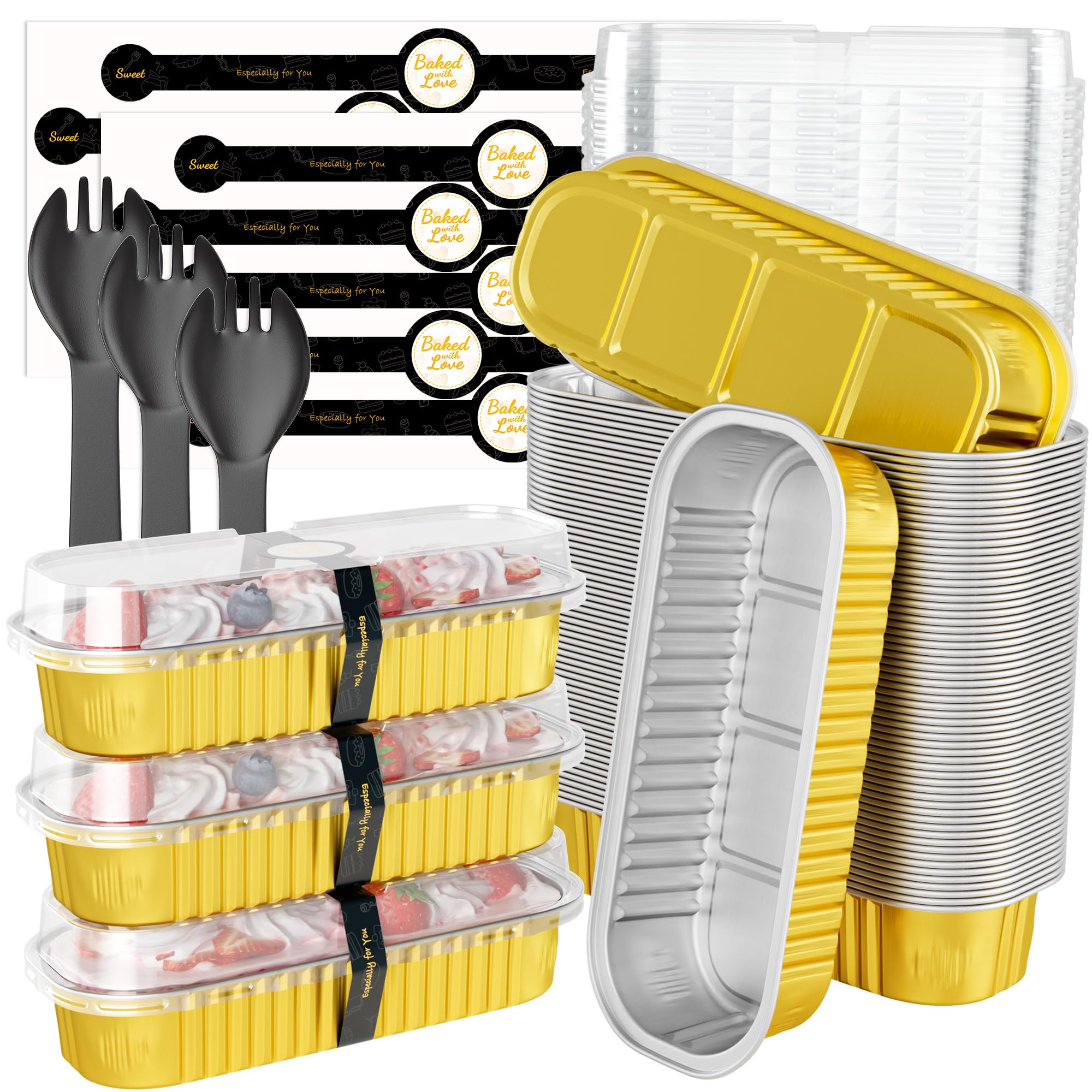 Photo 1 of 100 Pack Mini Loaf Pans with Lids and Spoons, 6.8oz Mini Cake Pans for Baking, Disposable Rectangle Aluminum Foil Small Loaf Baking Pans Cake Tins, Individual Small Cake Containers with Sticker, Gold