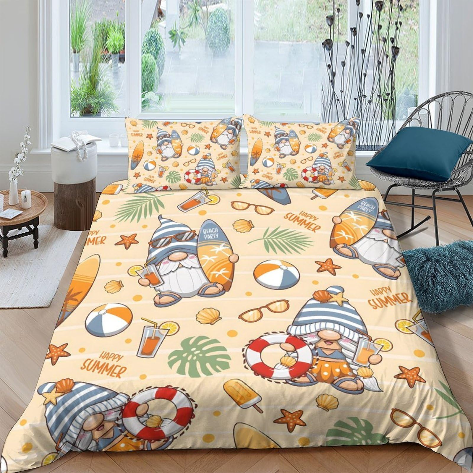 Ctjqhvkz Style-6 3D Printed Beach Gnome Fitted Sheet Microfiber Soft Summer Holiday Bed Cover For Bedroom Dorm Mattress Decor Single（135X200cm）