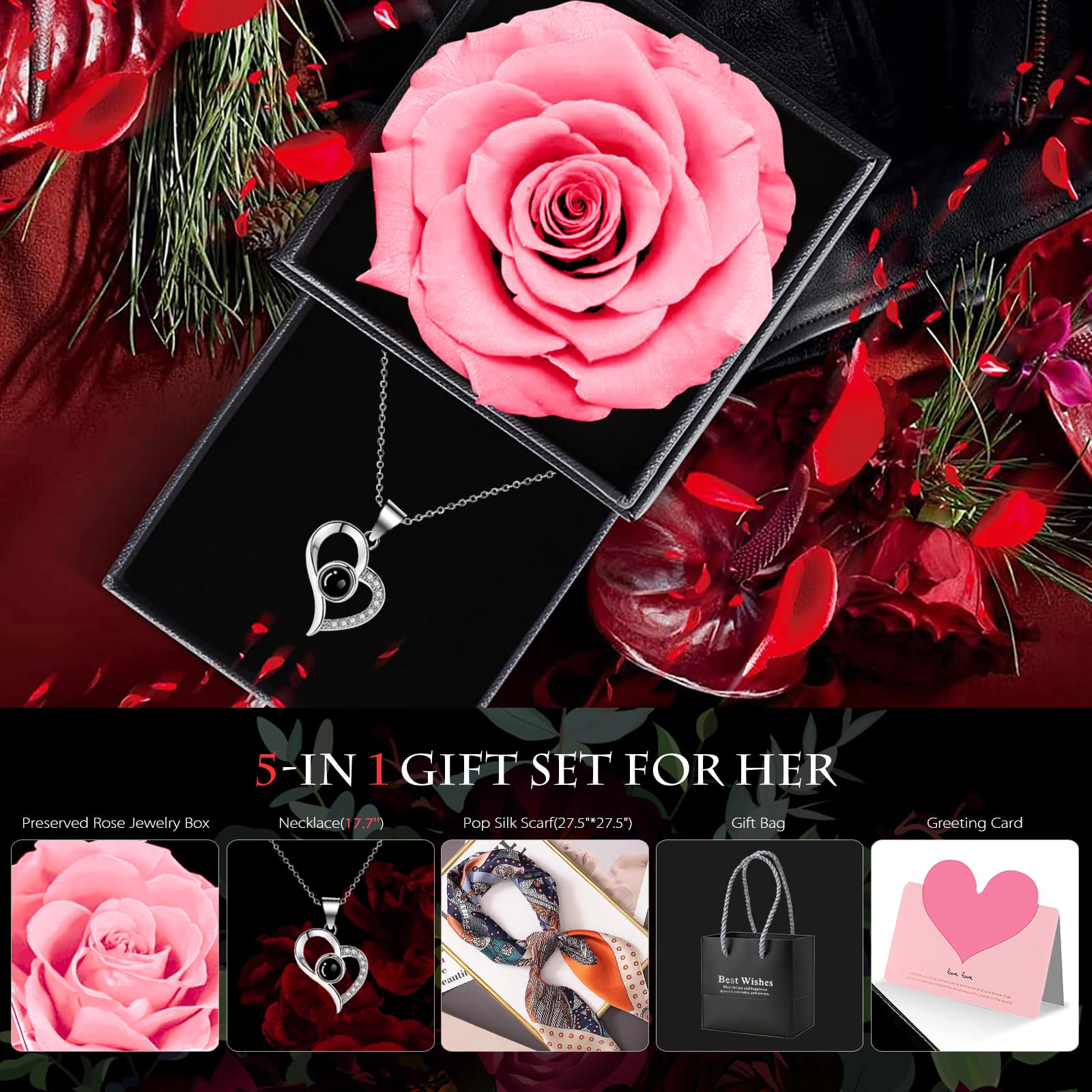 GOICC Idea Regalo per Lei, Rosa Eterna con I Love You, Collana, Confezione Regalo per la Festa della Mamma, Compleanno, Anniversario, Regalo per Mamma, Fidanzata, Moglie (Rosa)