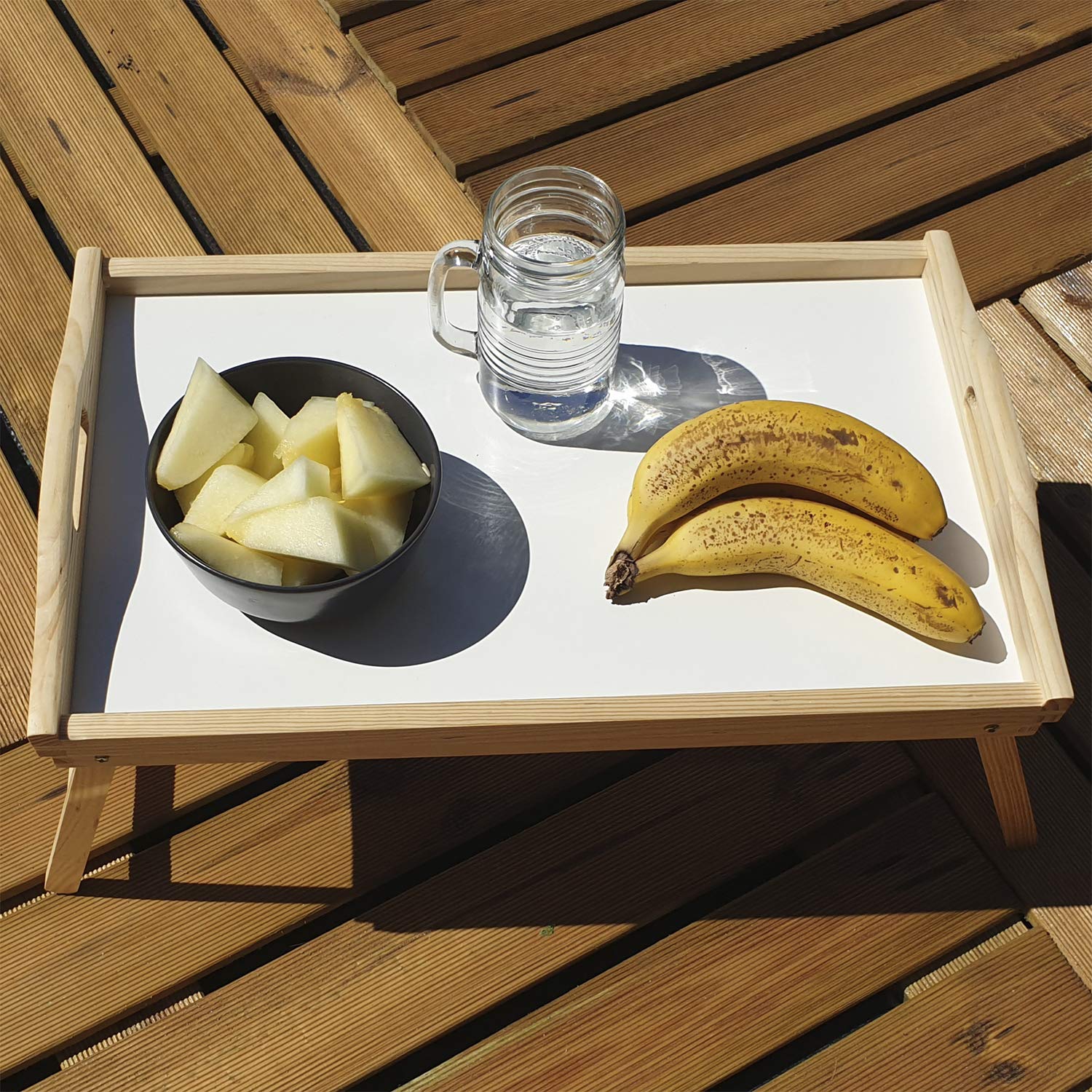 CONFORTIME Plateau lit pliable, table en bois avec poignées 50 x 30 x 22 cm avec base blanche facile à nettoyer