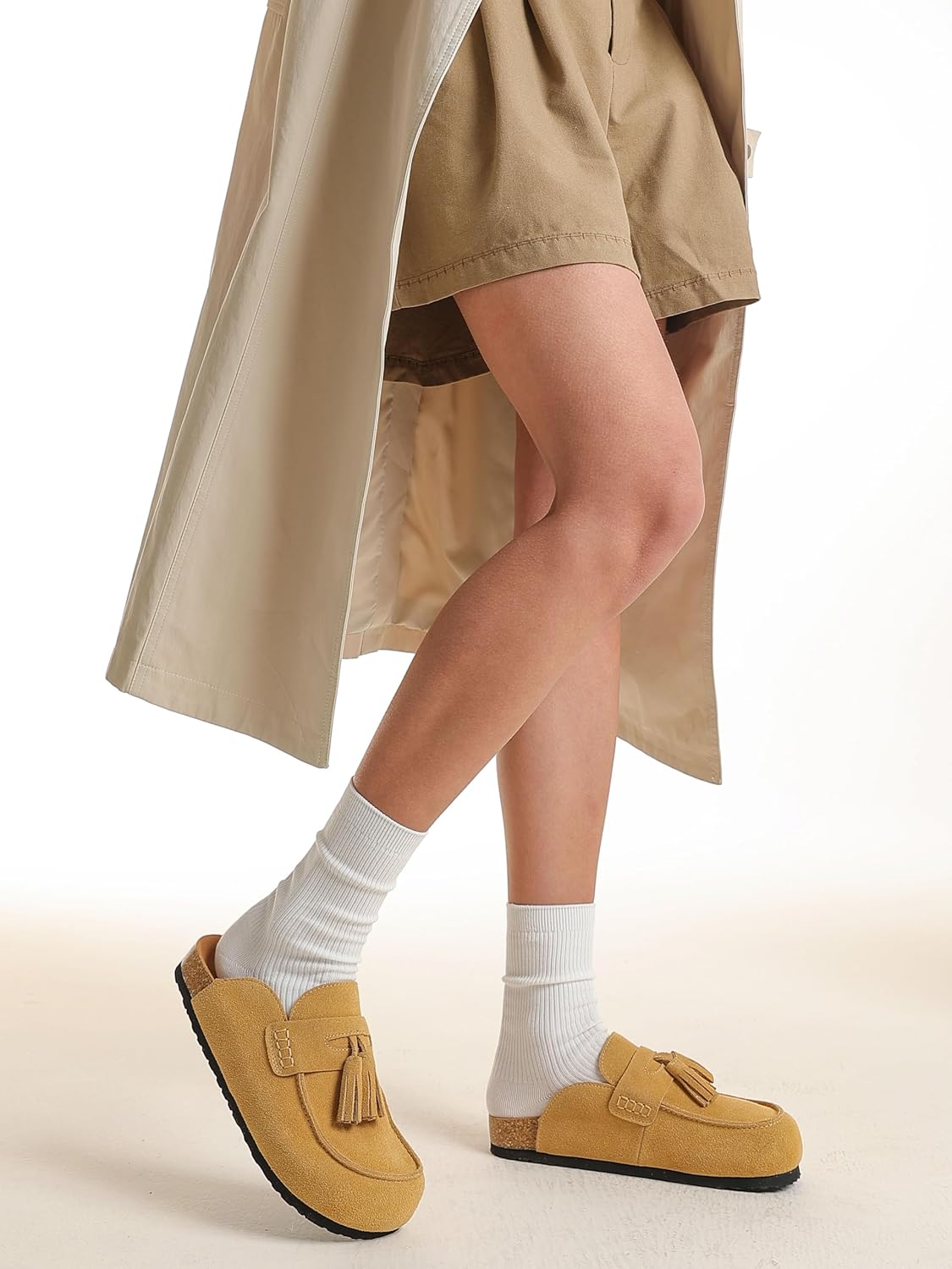 Suede Clogs for Women Genuine Leather Mules with Tassel Fringe Comfort Cork Footbed Women's Slip On Casual Shoes Closed Round Toe Slides with Arch Support