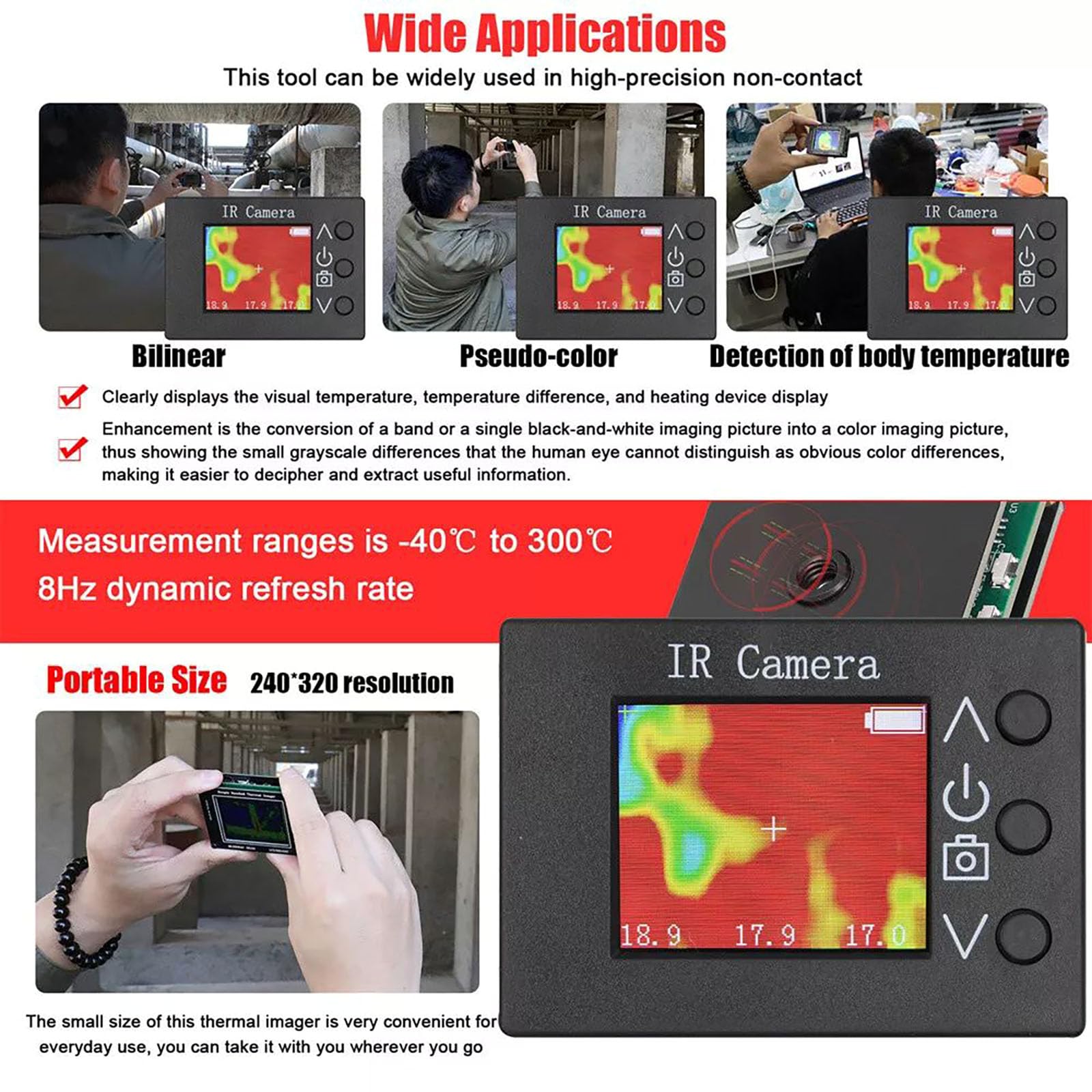 Temperature Detection Thermal Camera, 1.8 inch LCD Display Waterproof Thermal Camera, High Accuracy