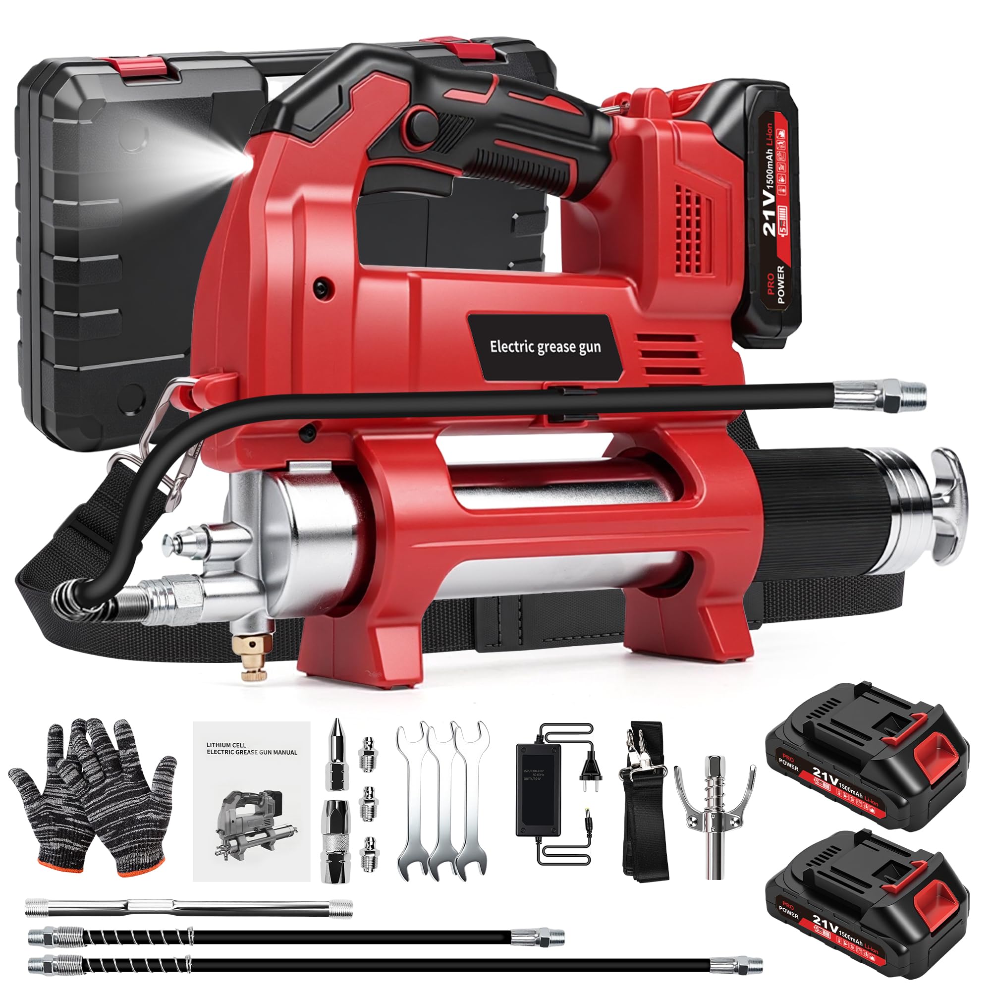 12000PSI Engrasadora Batería, con 2xBaterías 1500mAh, Motor Brushless | 3 Velocidades, Manguera de 1m y Luz LED, Kit de Pistola de Engrasar Eléctrica para Equipos Pesados