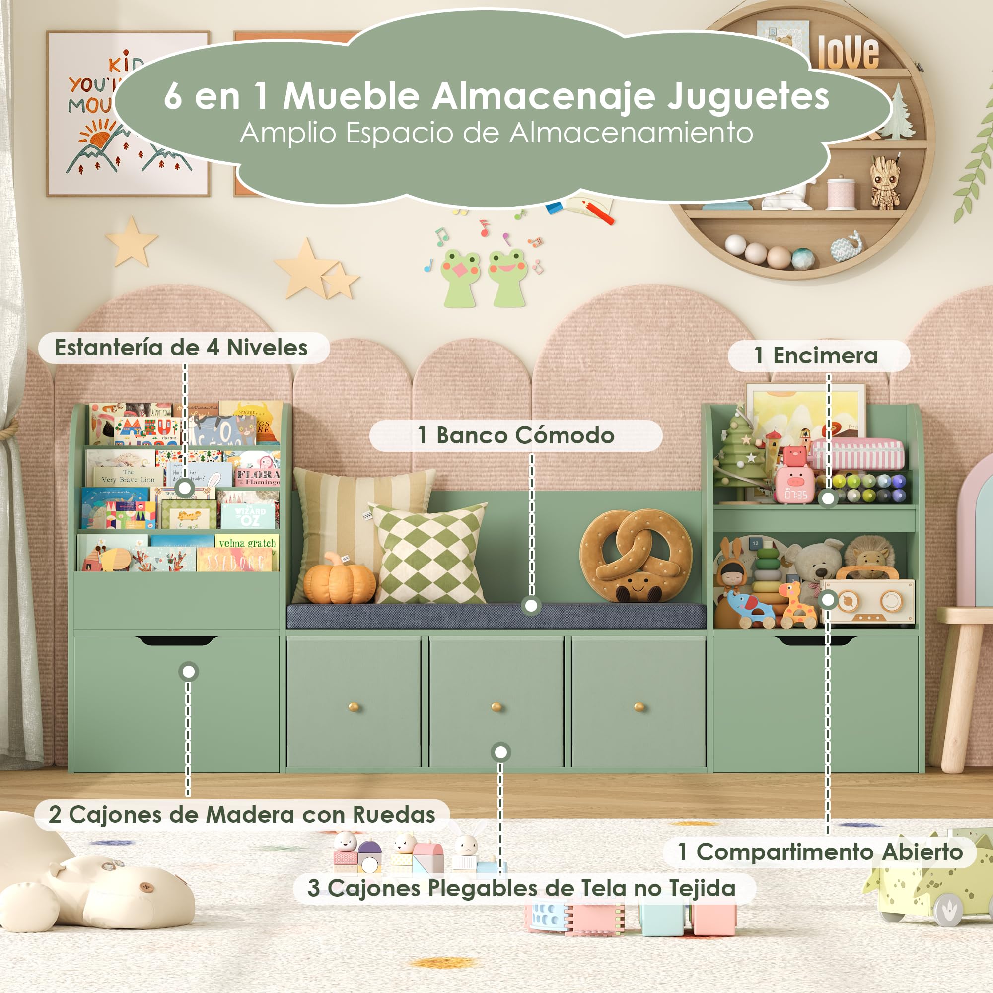 FOREHILL 181cm Organizador de Juguetes con Banco Infantil y Cojín Acolchado | Librería Infantil de 4 Niveles, 5 Cajones, 2 Estantes Abiertos, Mueble de Organización para Habitación Infantil Verde