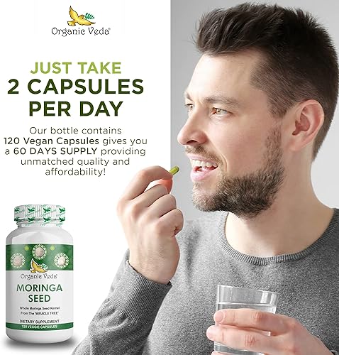 Miniatura 6 de Organic Veda Cápsulas de semillas de moringa, 1000 mg  Polvo de semillas de moringa 100% natural con nutrientes, antioxidantes, vitaminas, minerales