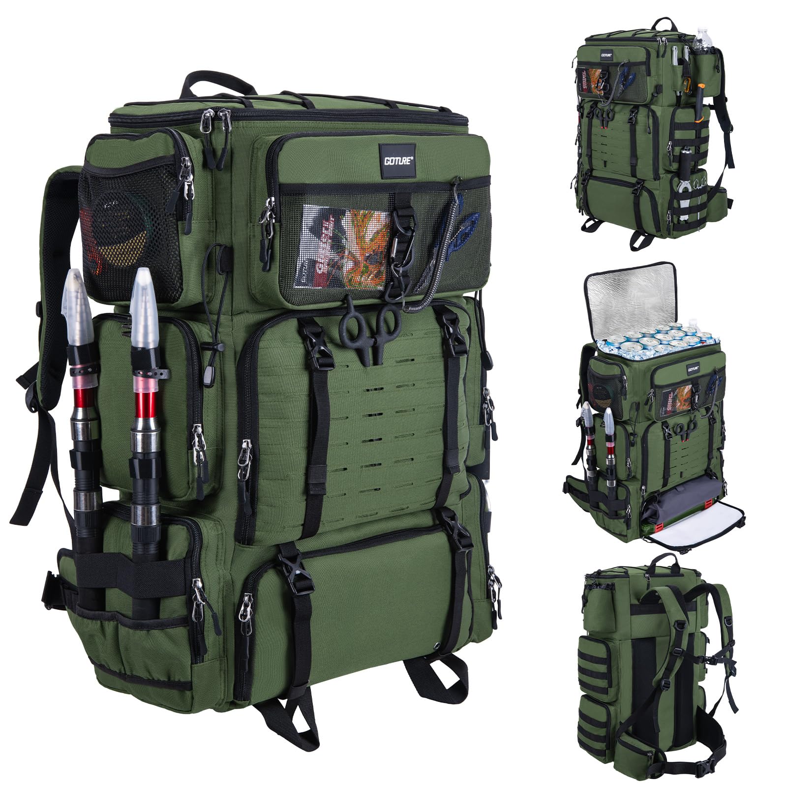 Goture Zaino da pesca da 72 l, con borsa termica (16 l), scomparto asciutto e bagnato, scomparti regolabili, borsa impermeabile per attrezzi da pesca, campeggio, escursionismo, Verde Militar, Zaino