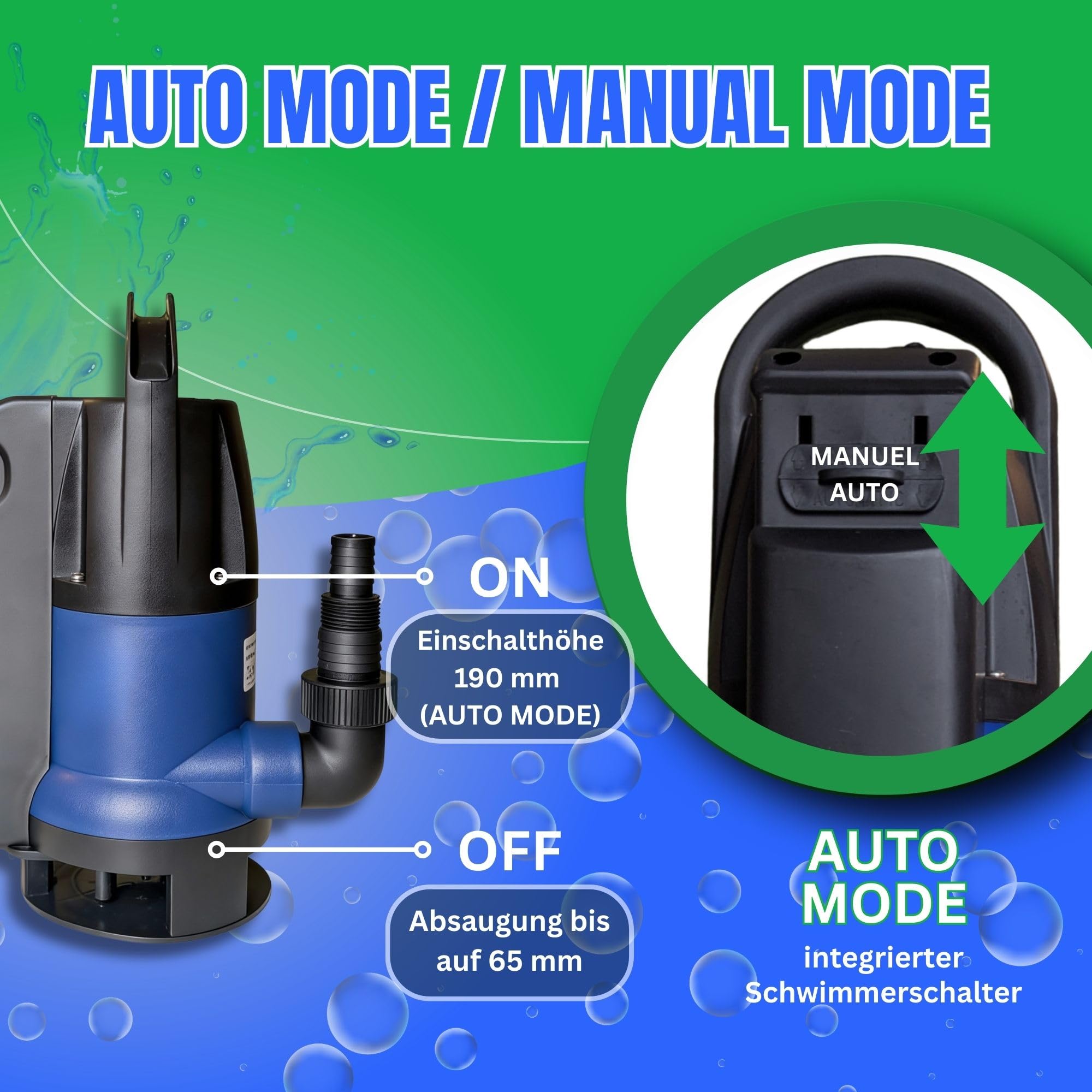 Schmutzwasserpumpe Tauchpumpe 400 Watt, 8000 L/h 0,5 Bar Druck >>5m Förderhöhe integrierter Schwimmerschalter für Automatik und Manuellen Betrieb