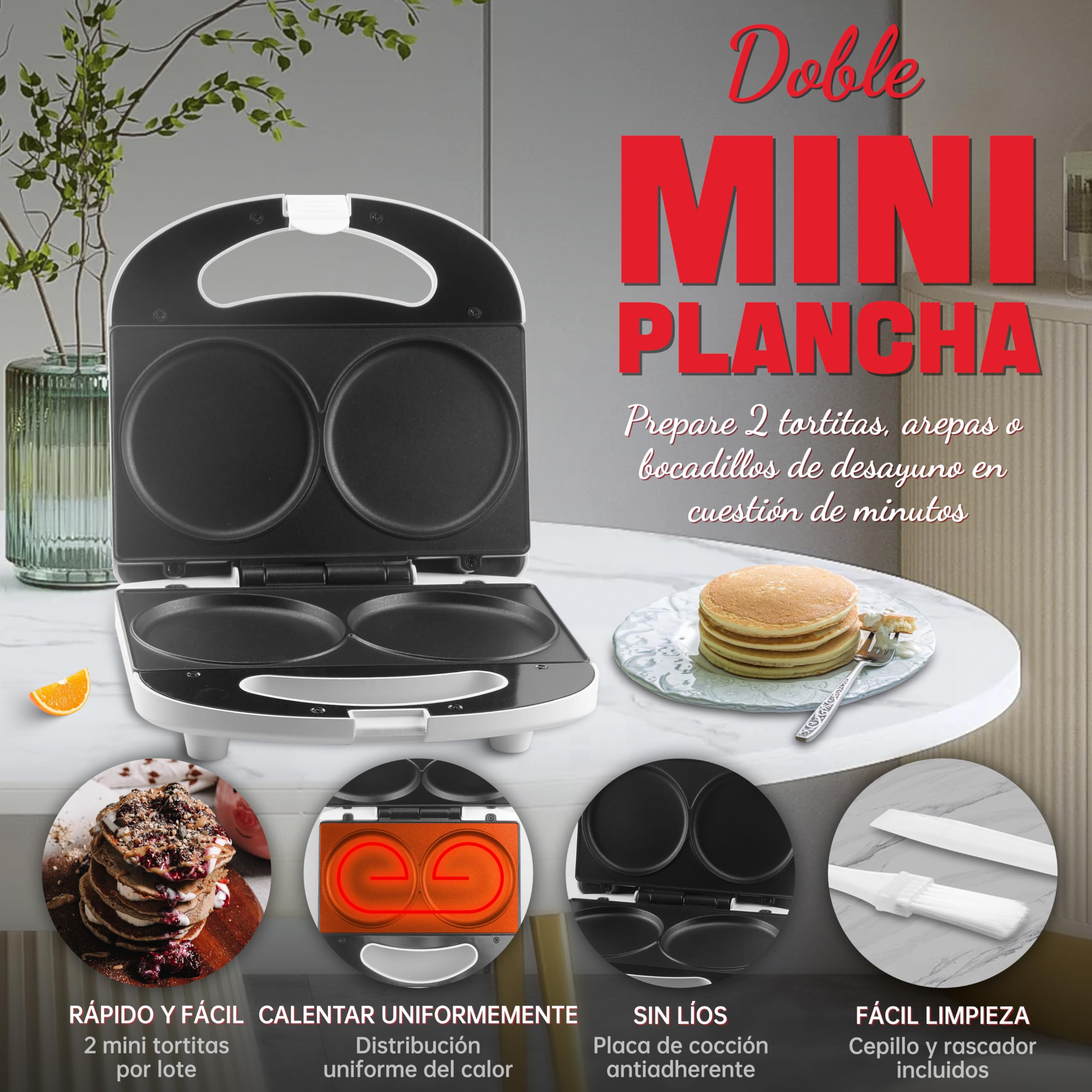 SugarWhisk mini crepera electrica, tostiarepas, panquecas maquina,pancakes maquina, ideal para panqueques, galletas, huevos, arepas y bocadillos de desayuno, blanca