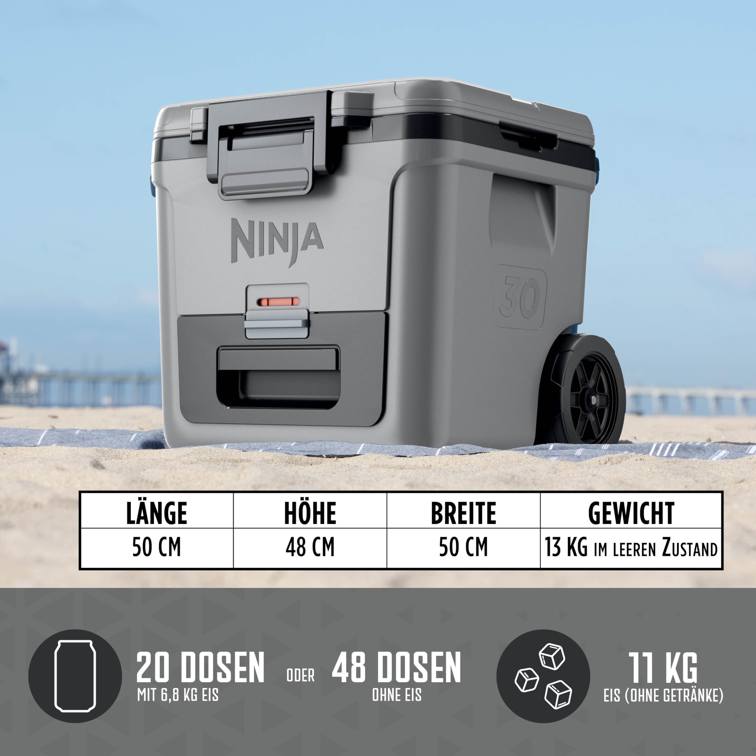 Ninja FrostVault Kühlbox mit Rollen und Isolierung, integrierter Dry Zone Schublade mit Kühlschranktemperatur, hält Eis tagelang, bietet Platz für bis zu 48 Dosen, Schiefergrau, FB230EUGY