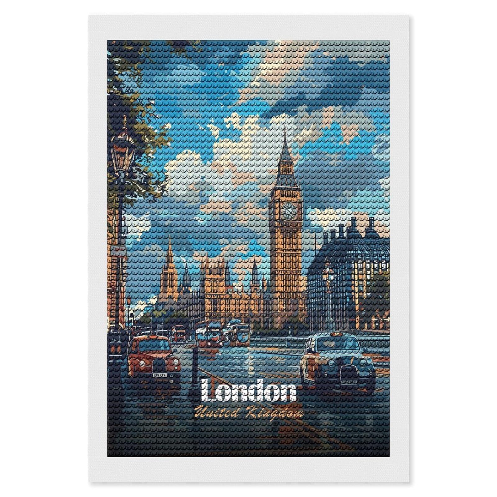 Junmoney London, United Kingdom Cityscape Diamond Painting Canvas Kit 8"x12", Adhesive Canvas, Christmas Gift, Full Kit Included, Thoughtful Present