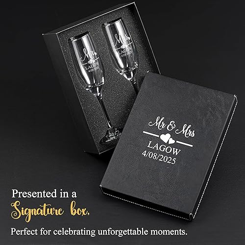 Miniatura 8 de Mr and Mrs - Juego de 2 copas de champán con caja negra, grabadas con láser, copas personalizadas grabadas para novia y novio