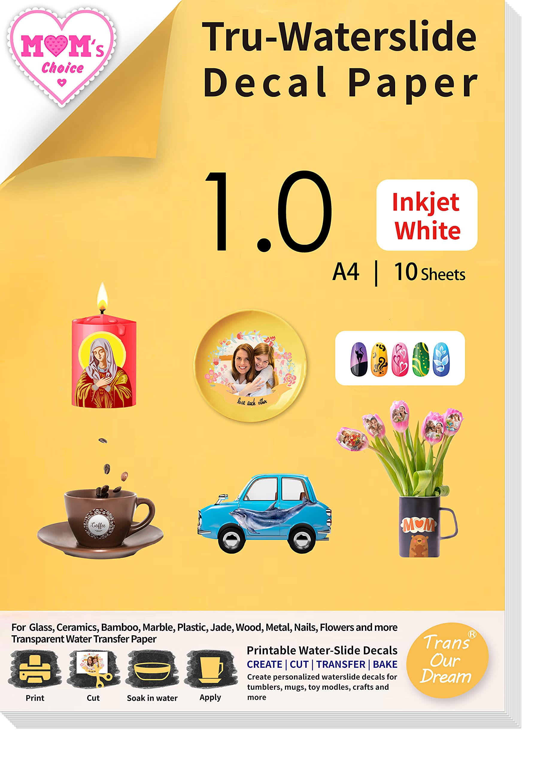 TransOurDream Tru-Water Slide Decal Paper Inkjet White 10 Sheets A4 Water Transfer Paper for Inkjet Printer Printable Water Slide Decals for Mugs, Tumblers, Glasses,DIY Candles(TRANS-019)