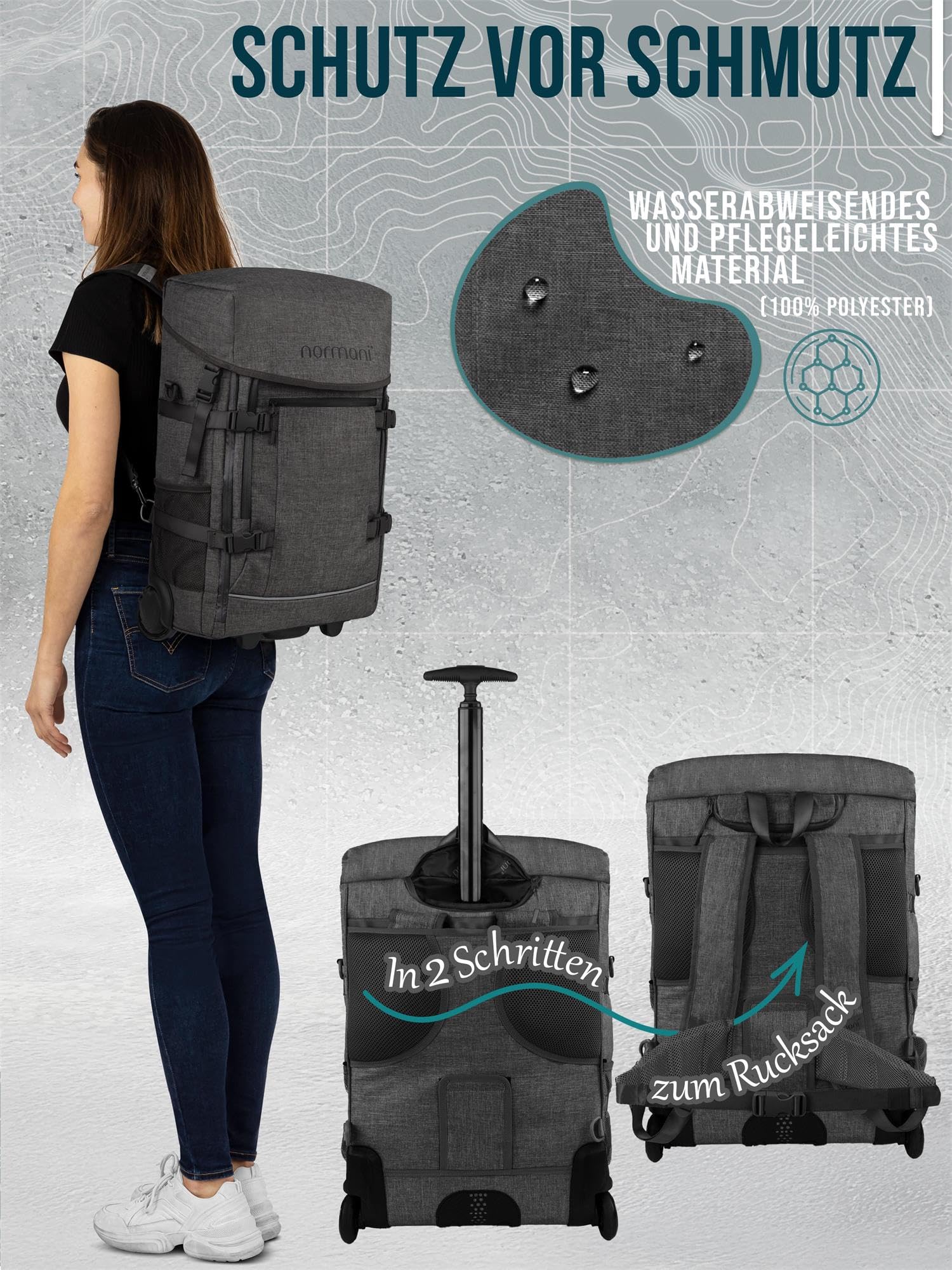 normani Backpacker Reisetaschen-Rucksack Reiserucksack mit Trolleyfunktion mit Frontloader und Handgepäck-maßen 50x37x20 cm - Cabin Bag 37 L Volumen auf 3 Fächer Farbe Grau Größe 50 x 37 x 20 cm