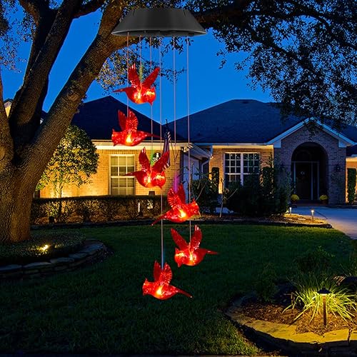 Miniatura 3 de Campanillas de viento solares cardenales para exteriores, luces colgantes solares cardenales, campanillas de viento para decoración de jardín,