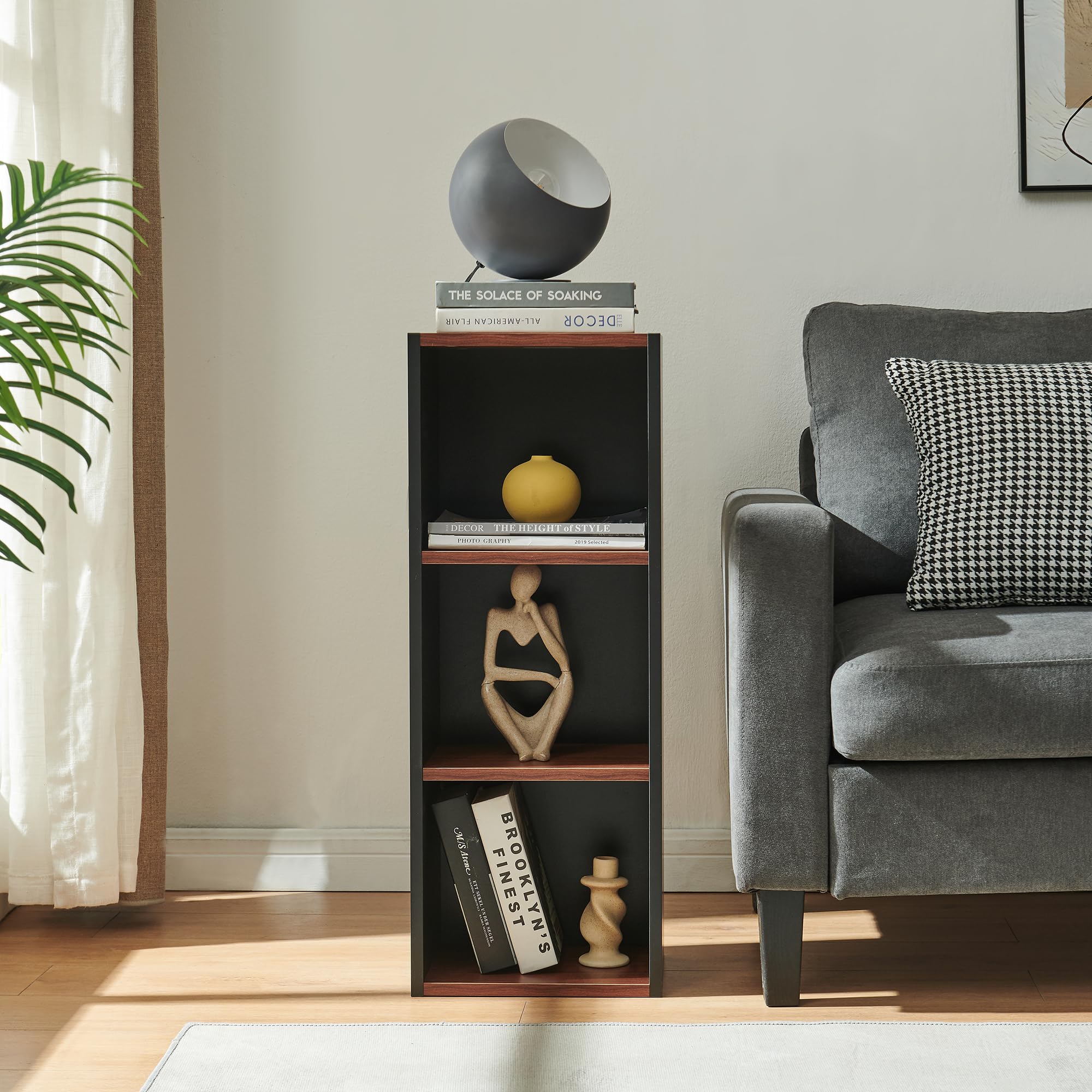 [en.casa] Scaffale da Terra con 3 Scomparti Aperti Libreria Mobile Contenitore Mensola Multiuso a Ripiani per Soggiorno Ufficio Ingresso 80 x 30 x 23 cm - Nero/Effetto Noce