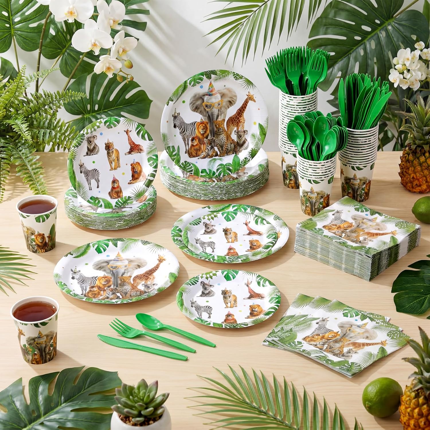 400 Pcs Safari Happy Birthday Party Supplies for 50 Guests Jungle Animals Paper Plates and Napkins Knives Spoon Fork Cup Wild Animals Lion Tiger Dinner Sets for Zoo Birthday Party