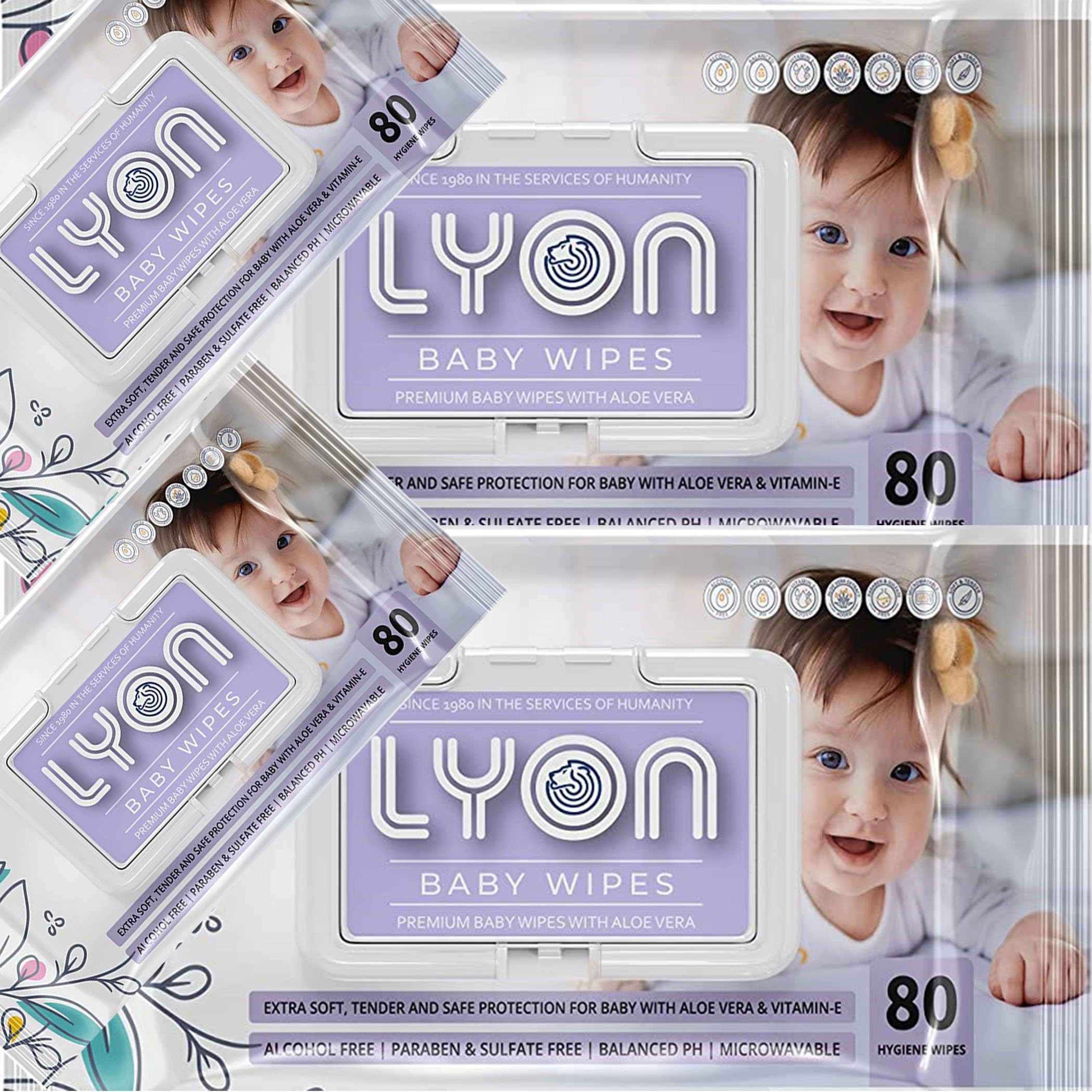 LYON Baby Wet Wipes Premium Soft Cleansing with Enriched Aloe Vera and Vitamin E, Dermatologically Tested, Ph-Balanced Formula, Free - Alcohol, Silicones, Phthalates, Parabens (Pack of 4 (320 Wipes))-image-2