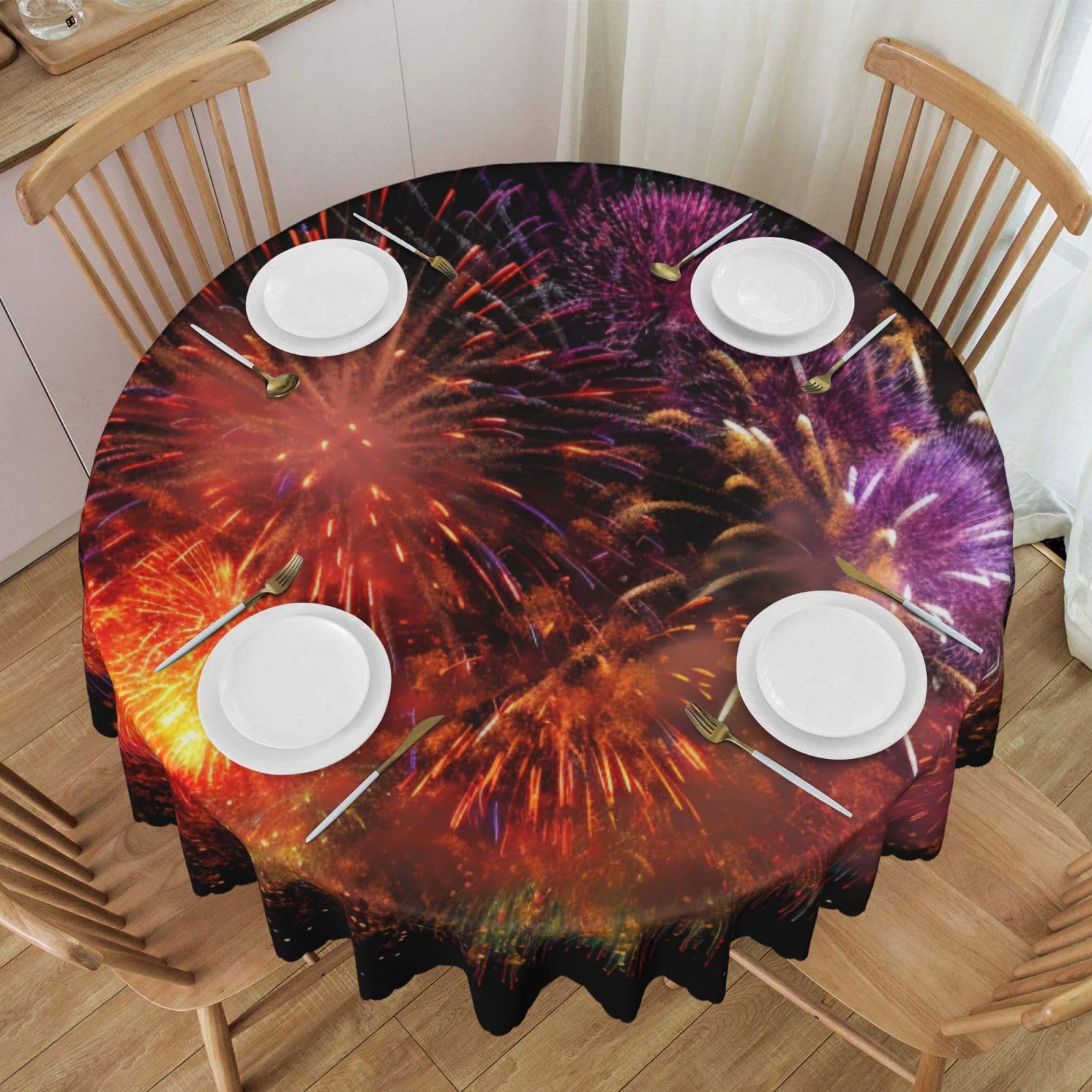 WPKJU Explosion Firework 3D Printed Round Tablecloth 60 Inch with Lace Trim, Water-Resistant Washable Table Cover for Farmhouse Weddings, Outdoor Picnics & Holiday Dining