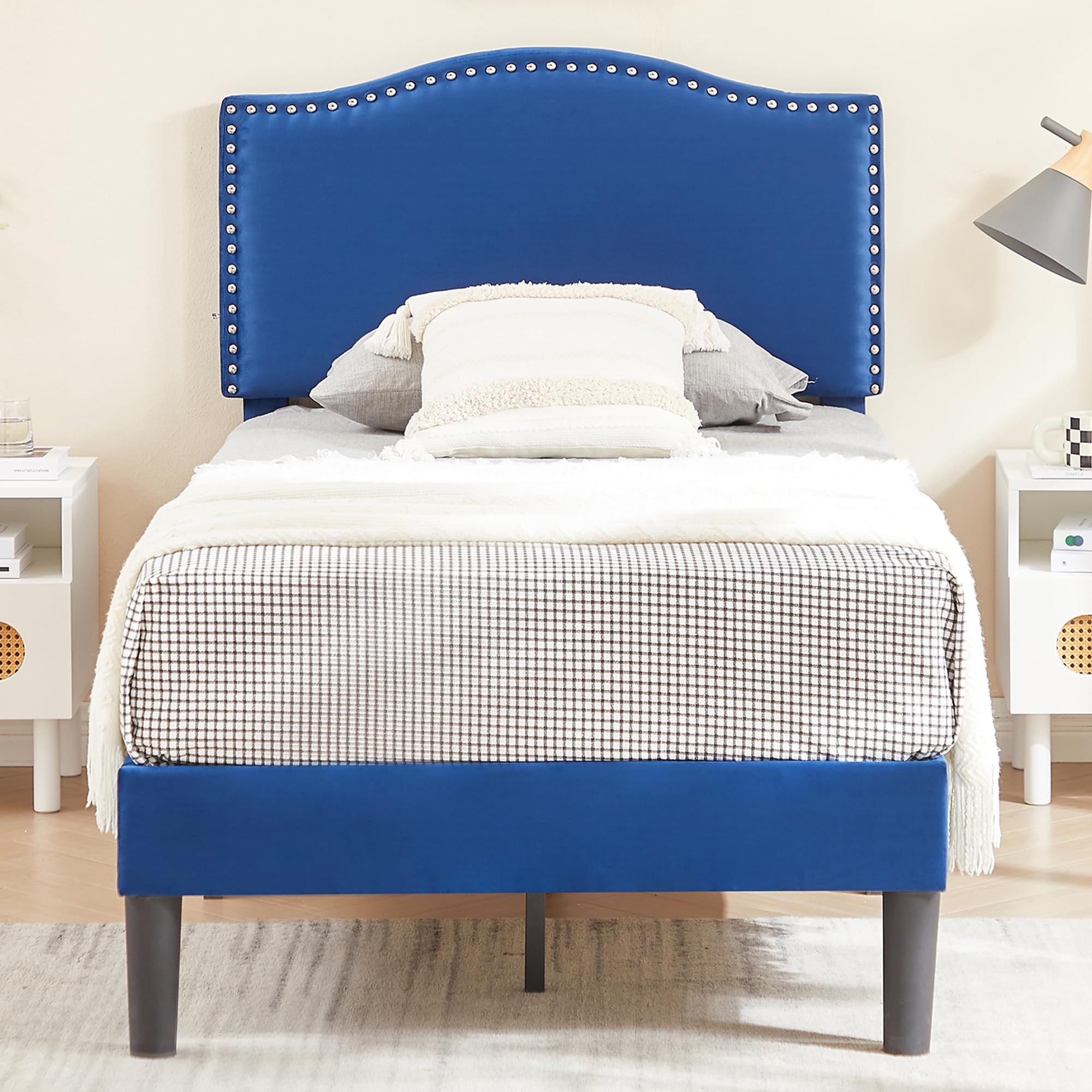 VECELO Twin Bed Frame, Platform Bed Frame with Adjustable Height Upholstered Headboard, Heavy-Duty Frame and Strong Wooden Slats Support, Non-Slip and